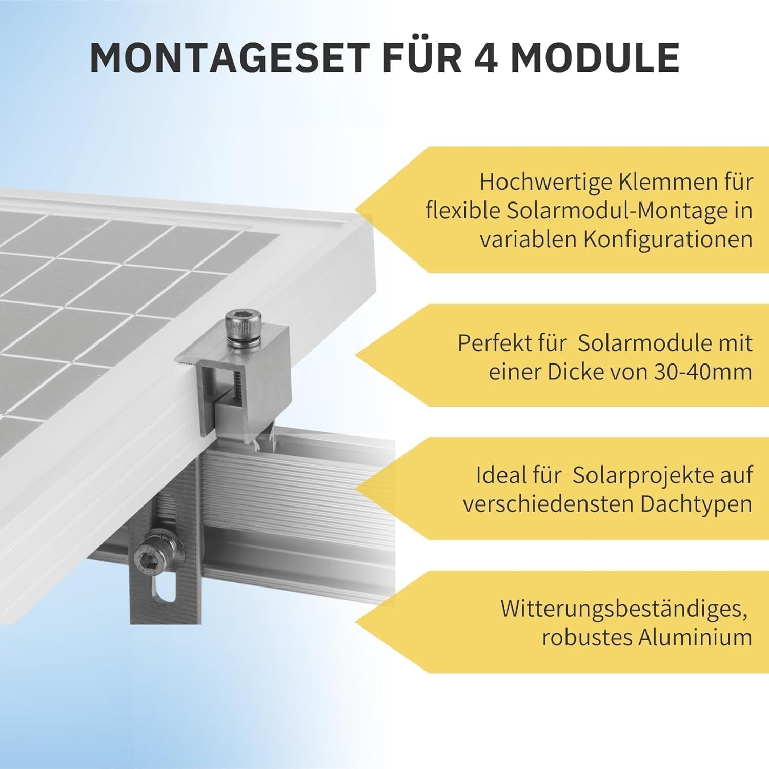 Solar Halterung Ziegeldach I Set für 4 PV Module 30-40mm I Solarmodul Halterung Balkonkraftwerk I Solarmodulbefestigungsset für Ziegeldächer aus Edelstahl 1.4301