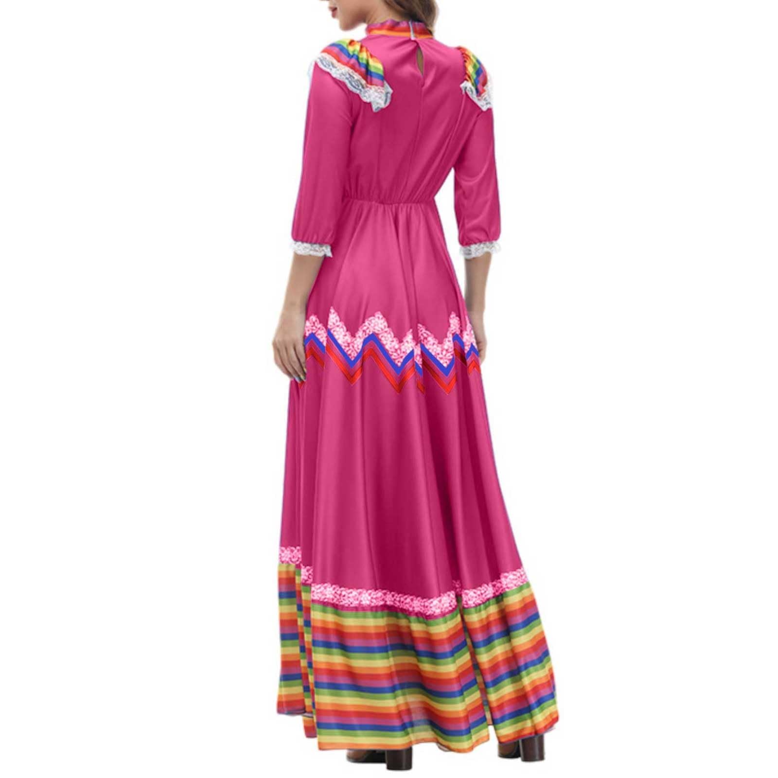Vestido bohemio para mujer, vestido tradicional mexicano, vestido de baile folklórico, vestido de cinco de mayo, vestido holgado, dobladillo grande, vestido de verano largo, vestido festivo, vestido