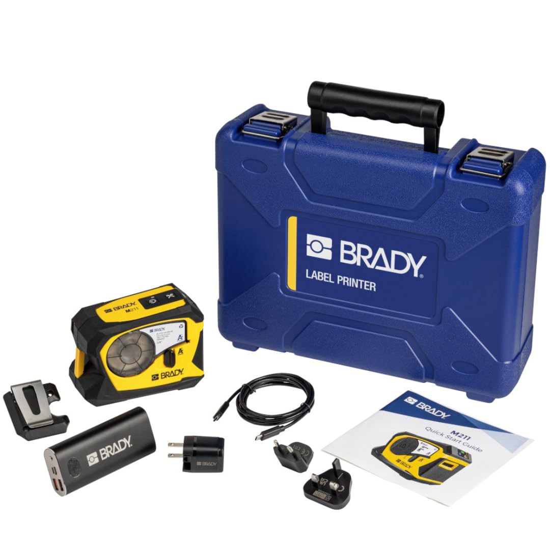 Brady Stampante per etichette M211-KIT-EU-UK-US - Set completo portatile con M211, cartuccia M21-750-499, custodia rigida, clip per cintura, cavo EU/UK/US e alimentazione