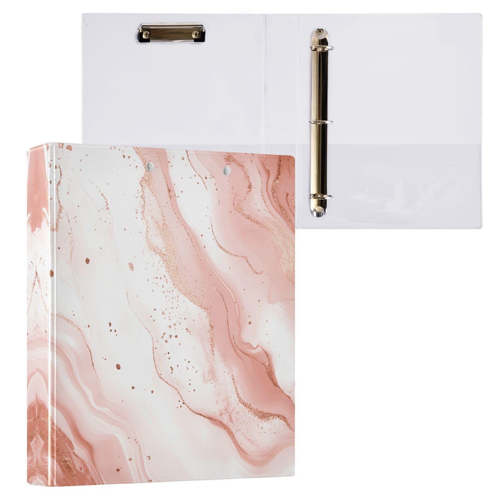 Confezione da 2 raccoglitori a 3 anelli, con stampa marmorizzata oro rosa, 3,8 cm, con 3 tasche trasparenti, portablocco e contiene 200 fogli, per ufficio, scuola, organizzazione domestica