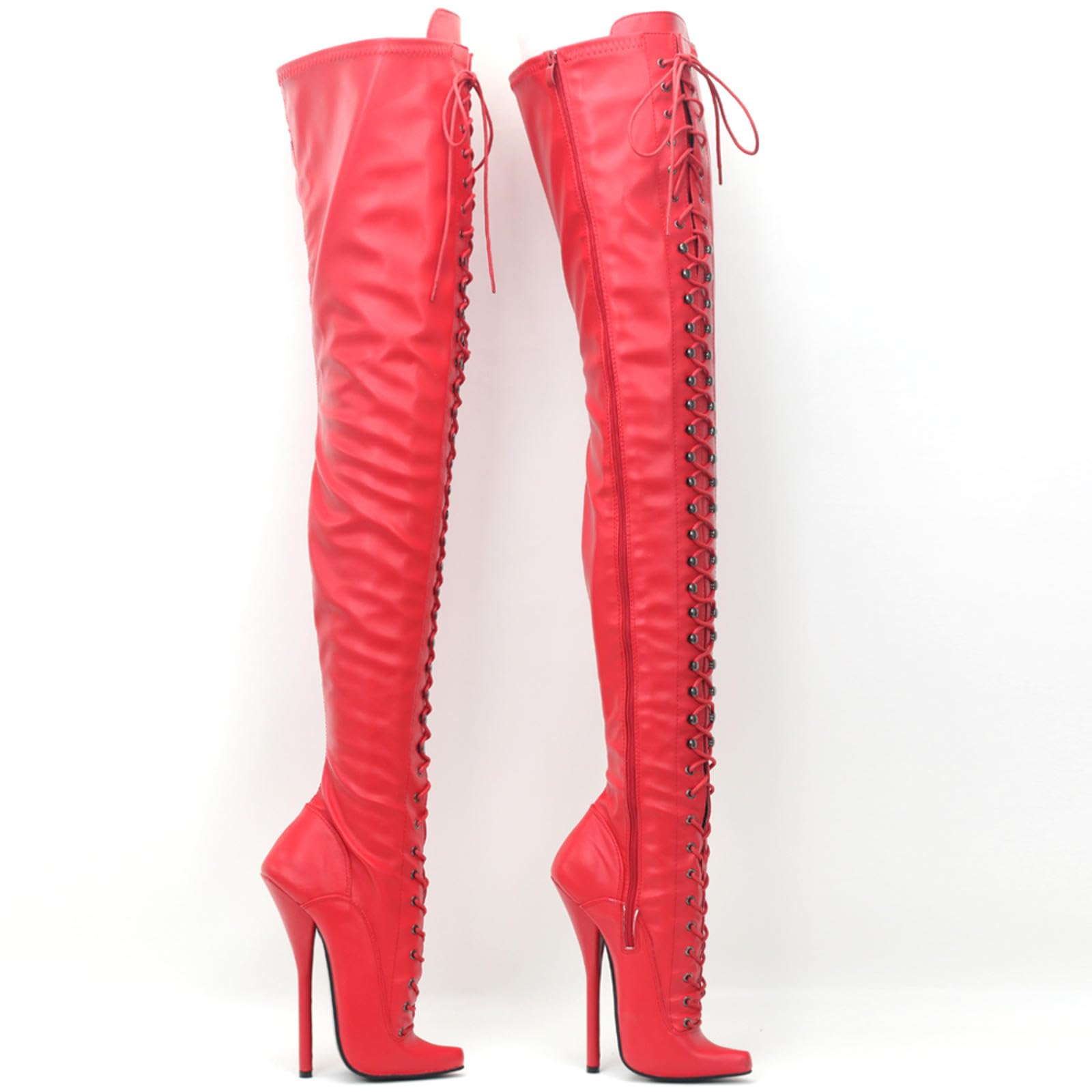 Tacchi Donna Teli Alti 18 Cm Stivali Alti Alti Allacciati in Pelle Brevetto Stivali da Ballo Sottile Tallone Fine,Red-44