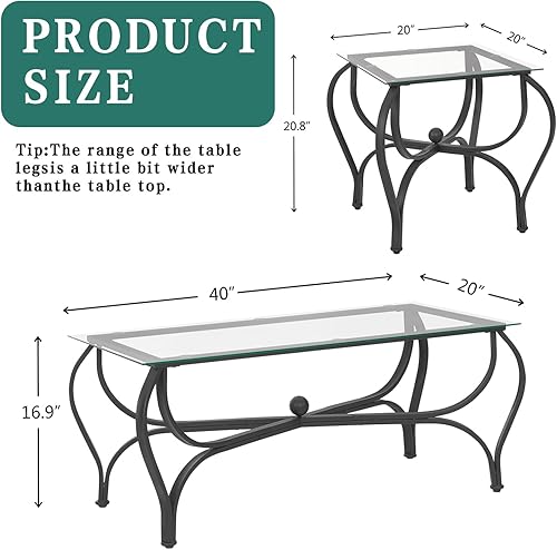Miniatura 3 de Juego de 3 mesas auxiliares de vidrio templado, mesa auxiliar rectangular con 2 mesas auxiliares cuadradas, modernas mesas de sala de estar con