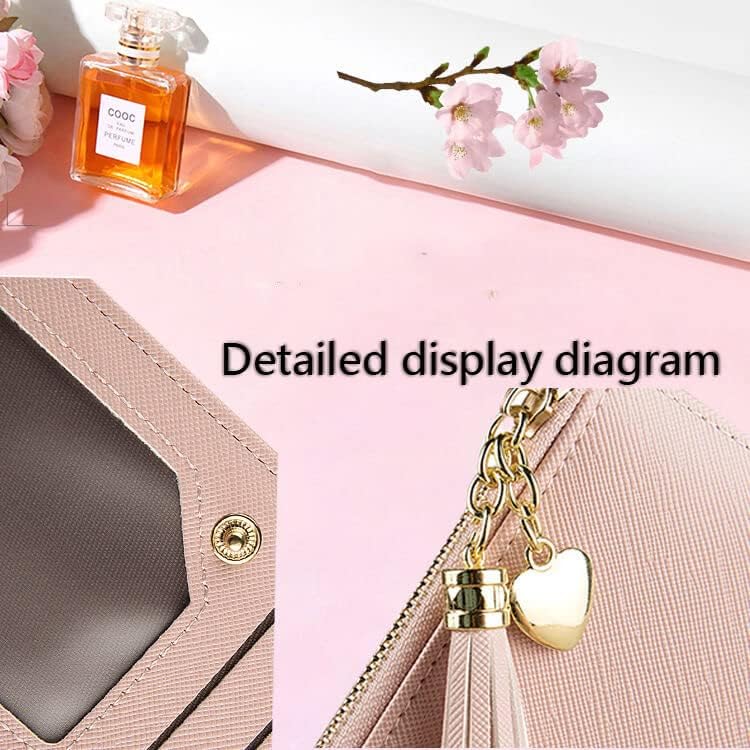 Miniatura 3 de Cartera larga para mujer con borla - Funda plegable de piel sintética delgada para tarjetas de crédito con bolsillo con cremallera, Rosado, Cartera