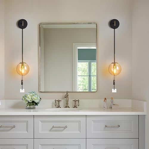 Miniatura 5 de Juego de 2 apliques de pared negros y latón dorados. Juego de 2 apliques de pared enchufables con pantalla de vidrio ámbar globo, lámparas de pared