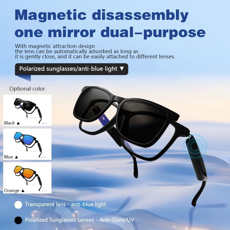 Magnetic disassembly of smart glasses showing different lens options