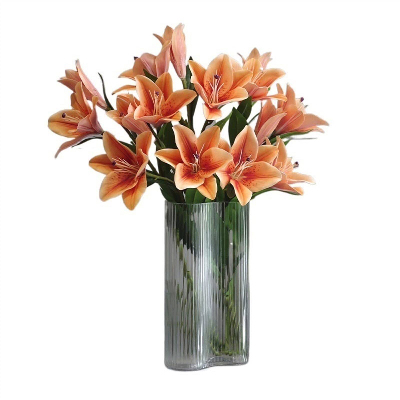 Künstliche Blumen mit Vase Lilien-Simulationsstrauß, hochwertige, nasse Gefühl, gefälschte Blumenornamente, leichte Luxus-Innendekoration, künstlicher Blumenstrauß Künstliche Blumen Deko(Color:Orange)