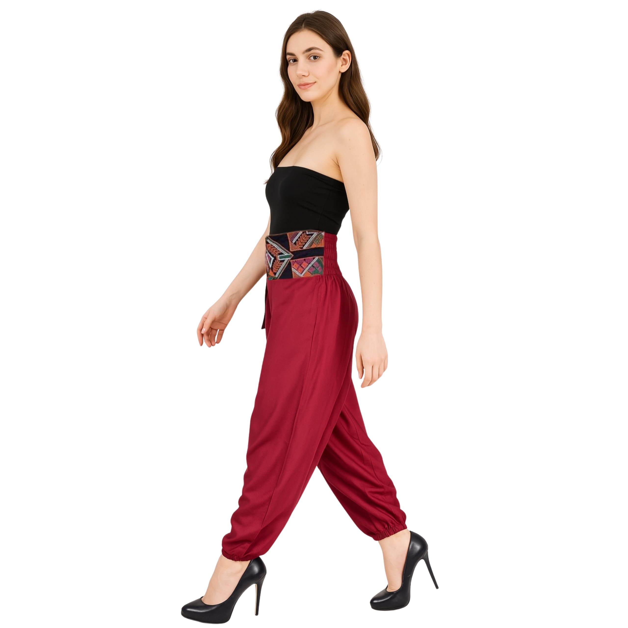 LUJOSO Women Low Rise Harem Pants | Stylish Afghani Salwar | Rayon Fabric Pants Loose Fit for Yoga & Dancing | Waist Size 22 to 42 Inches, Free Size (in, Alpha, M, Regular, Maroon) 3