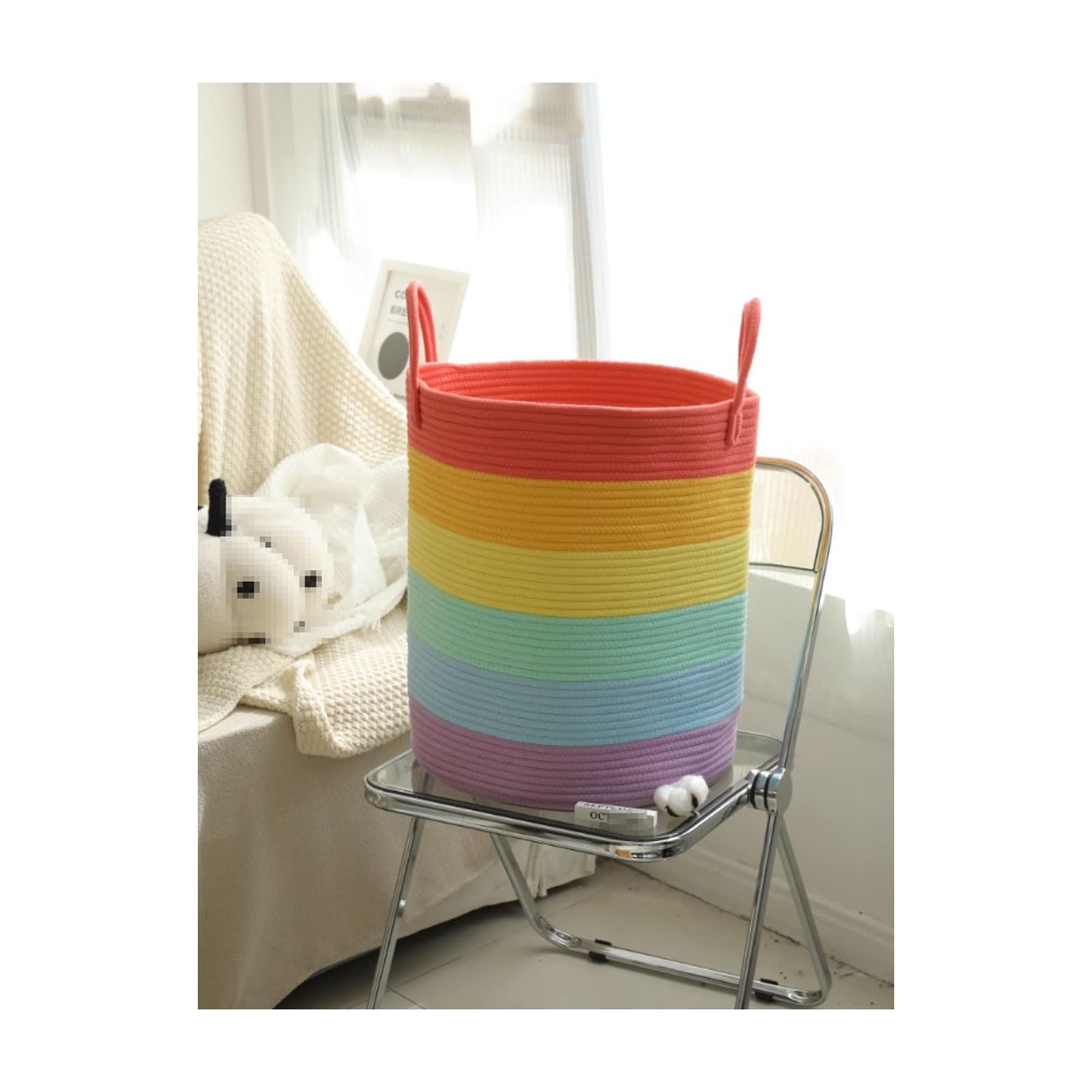 Regenbogen-Wäschekorb, Baumwollseil, gewebt, für schmutzige Kleidung, Spielzeug, Aufbewahrungskorb, Haushaltswäschekorb für Wohnzimmer, Schlafzimmer, Badezimmer