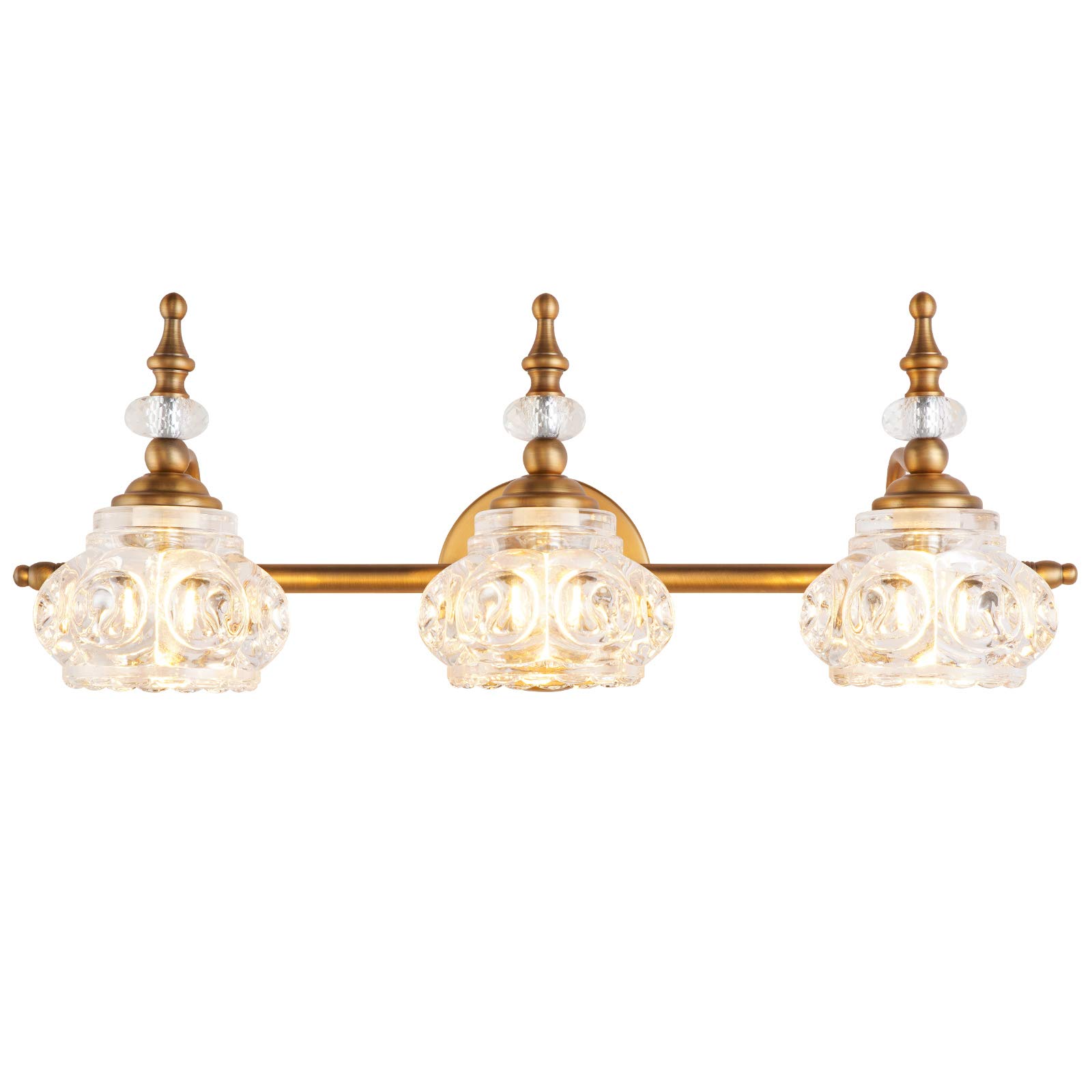 ZILANL Gold Crystal Vanity Light 3 Lights Bathroom Vanity Light Fixture Brushed Brass Finish Vintage Gold Wall Sconce Light with Crystal Glass Shade
