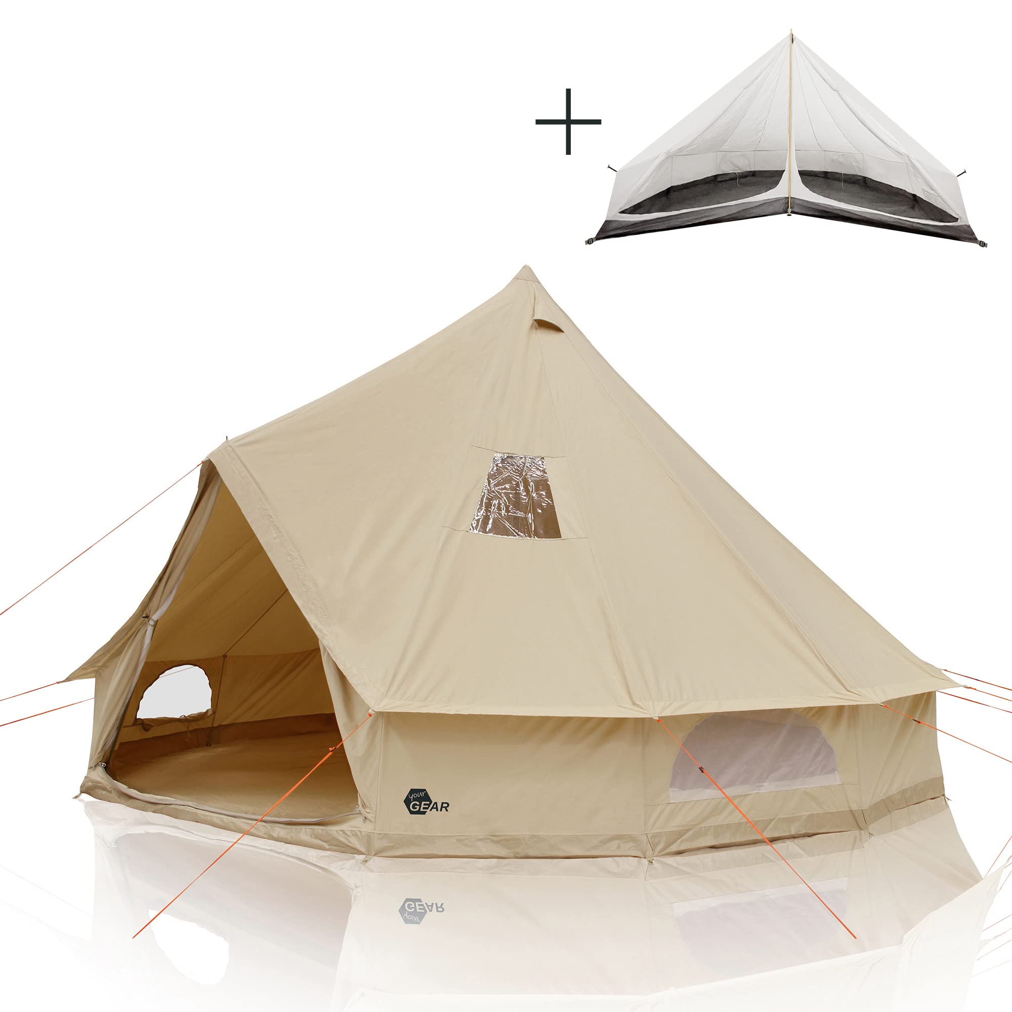 your GEAR Tente Desert en coton - 2 tailles Ø 4 m ou Ø 5 m, pour 4 à 10 personnes - Sol en PVC cousu - Auvent UPF 50+ - Protection 10 000 mm - Colonne d'eau - Tente de camping ronde Tipi