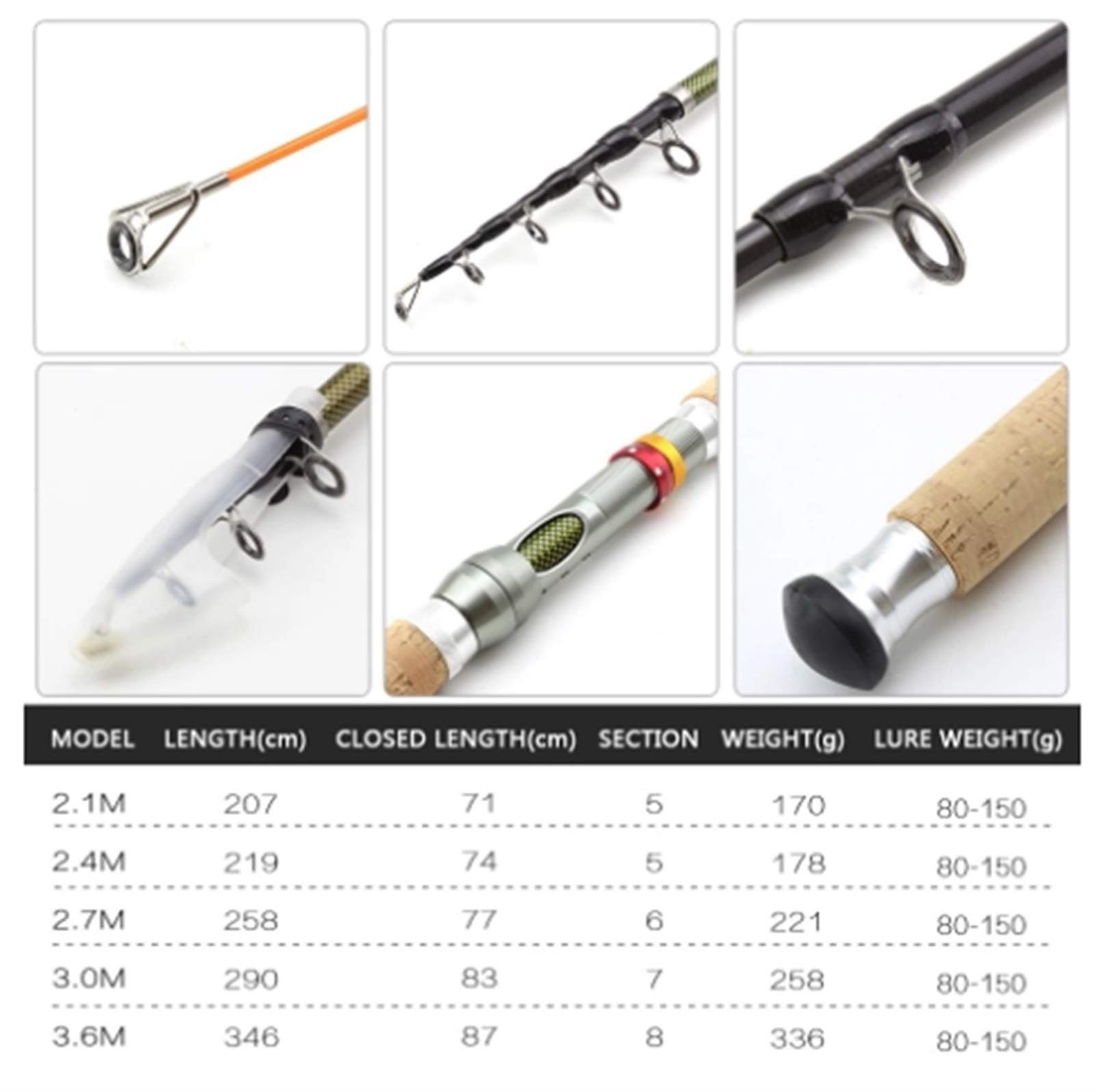 Amazon.co.jp: JAA 2.1m 2.4m 2.7m 3.0m3.6m伸縮式釣り竿カーボン木製