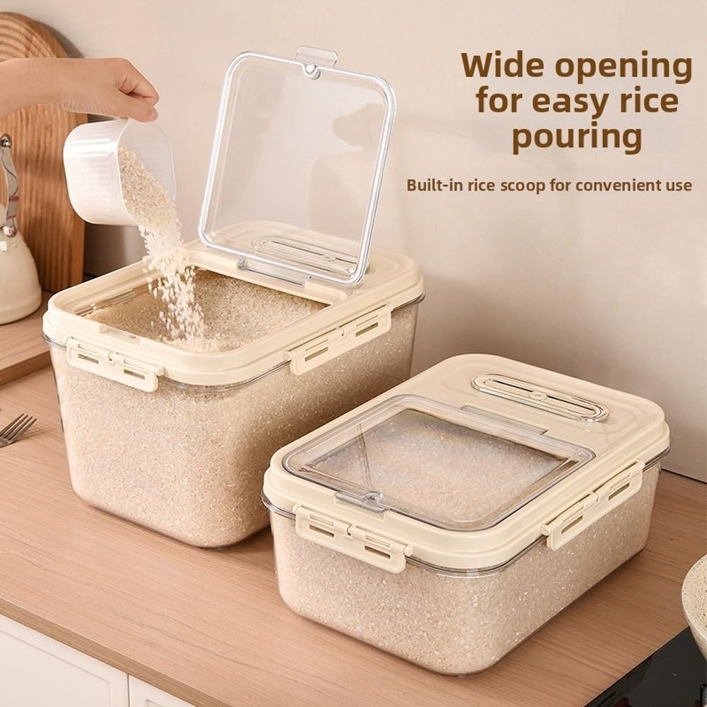 Dispensador de arroz PET beige con taza integrada, tarro de almacenamiento de cereales a prueba de humedad con diseño resistente a plagas, 36 x 25,5 x 20,6 cm (8500-2 tamaño pequeño 10)