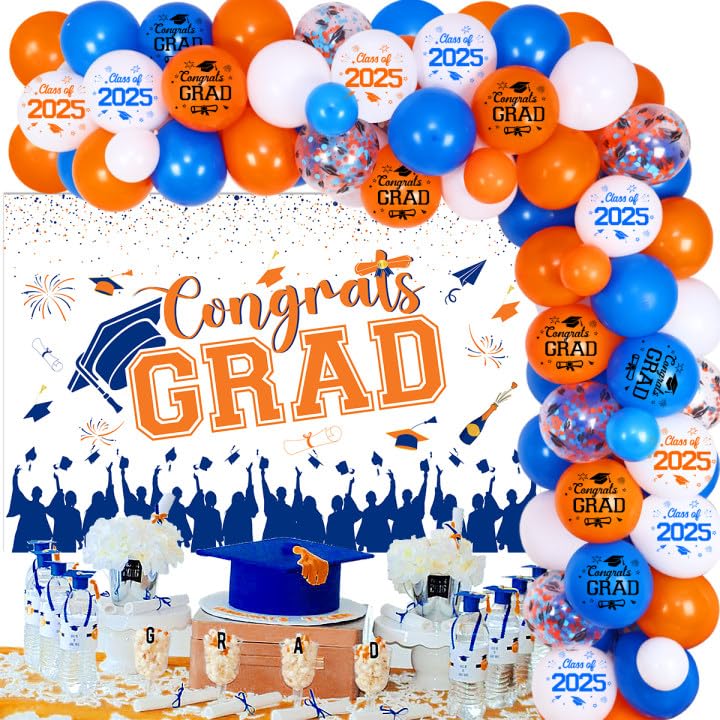 Cheereveal Orange and Blue Graduation Party Decorations 2025, Congrats Grad Decorations Backdrop, Class of 2025 Graduation Balloon Garland Arch Kit for High School College Graduation Party
