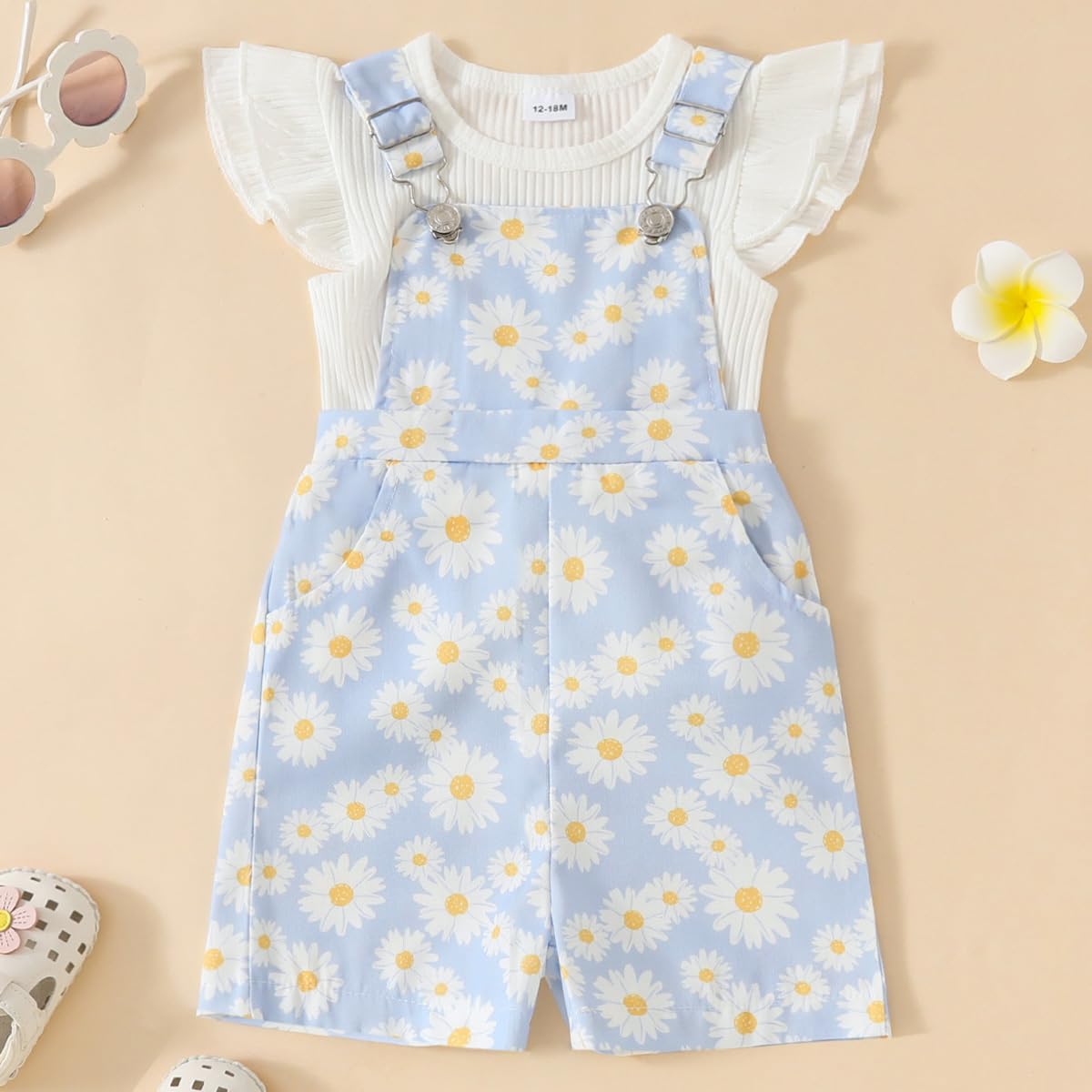 Vestito estivo per bambina, con maniche a volant + pantaloncini a margherite, grazioso set di vestiti per bambini - 2
