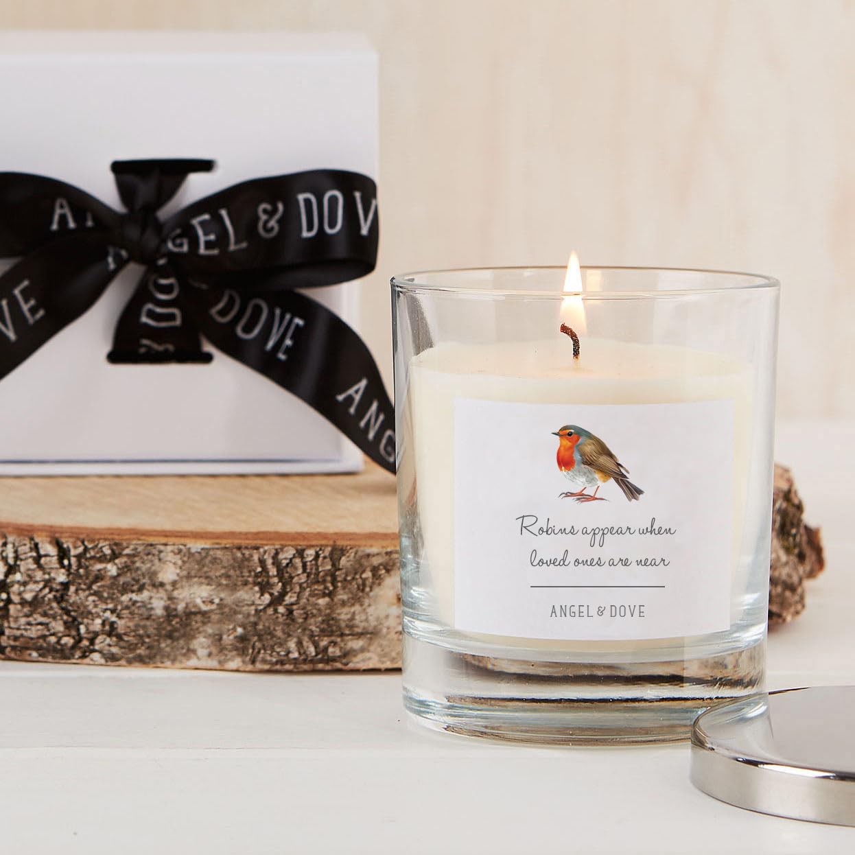ANGEL & DOVE 'Robins Appear' Remembrance Candle Sympathy Gift with Chrome Lid