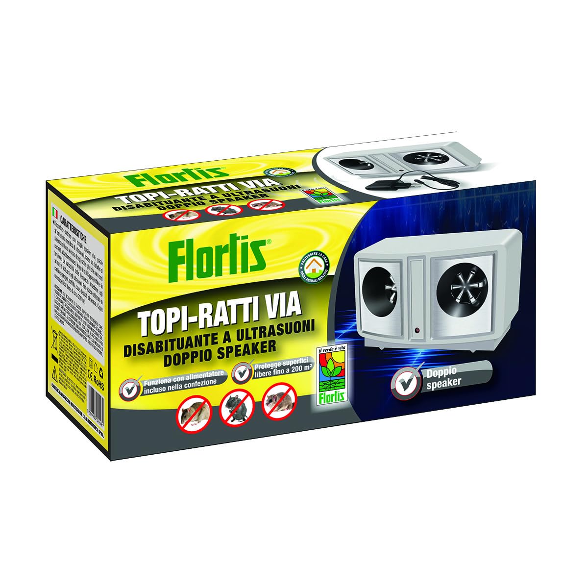 Flortis Topi Ratti Ultrasuoni Doppio Speaker Deterrente Elettrico con Alimentatore Dissuasore Uso Interno