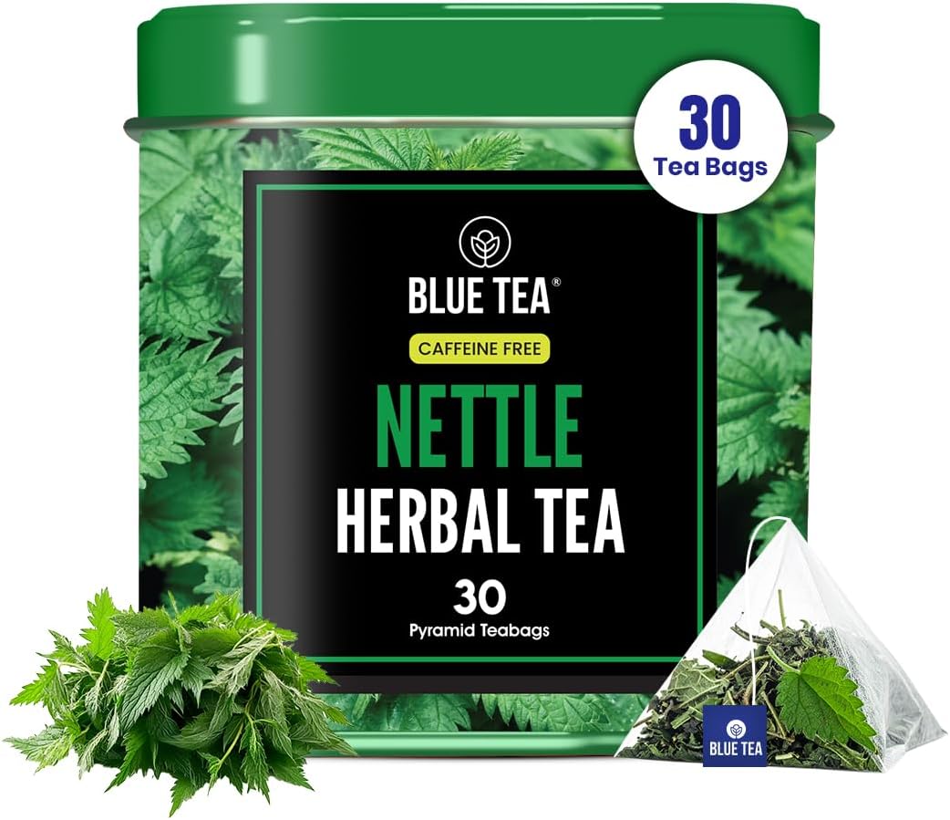 BLUE TEA - Nettle Tea - 30 Count - Plant Based Pyramid Tea Bag | Supports Joint Health & Overall Wellness | Herbal Tea - Caffeine Free - Calming Tea - Vegan - Non-Bitter | Leaf Based | Tin Pack