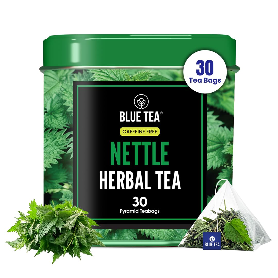 BLUE TEA - Nettle Tea - 30 Count - Plant Based Pyramid Tea Bag | Supports Joint Health & Overall Wellness | Herbal Tea - Caffeine Free - Calming Tea - Vegan - Non-Bitter | Leaf Based | Tin Pack