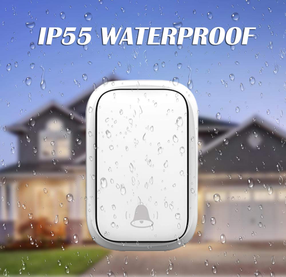 『No requiere batería』Timbre inalámbrico IP55 resistente al agua, kit de timbre de puerta con 1 receptor enchufable y 2 transmisores autoalimentados de prensa, rango de trabajo de 656 pies (200 m), 6