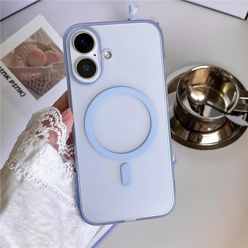 Image of COVERLY Matte Frosted Translucent Case for iPhone 16 Magnetic Wireless Compatible | Shockproof Design | Camera Protection Module | Hard Back Case for iPhone 16 (PC, Light Blue)