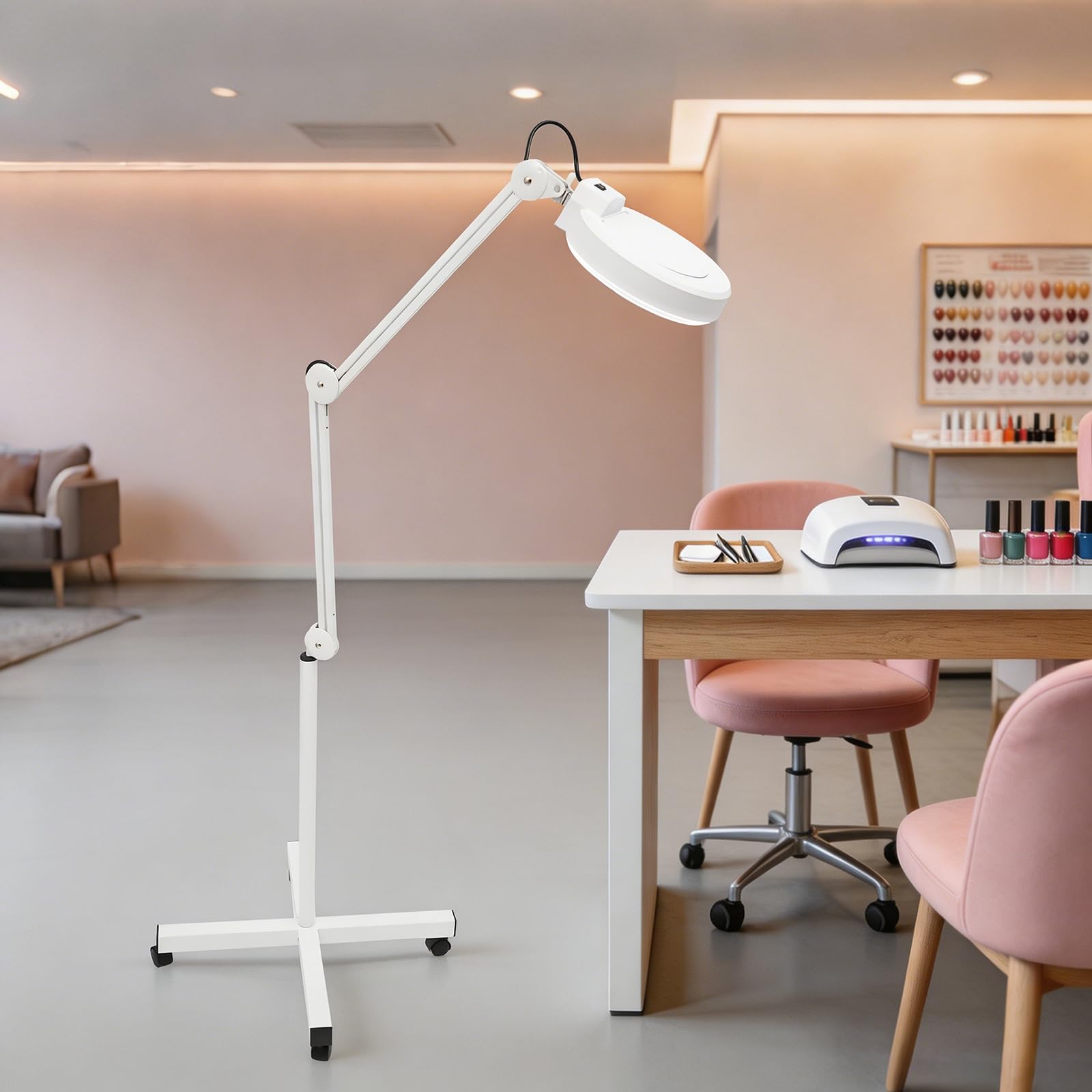 Lampada con lente di ingrandimento a LED, 8 diottrie, 24 W, 220 V, lente d'ingrandimento con luce e supporto, lampada a luce fredda con 4 ruote, 120 LED, luce fredda, per cosmetici, per estetiste