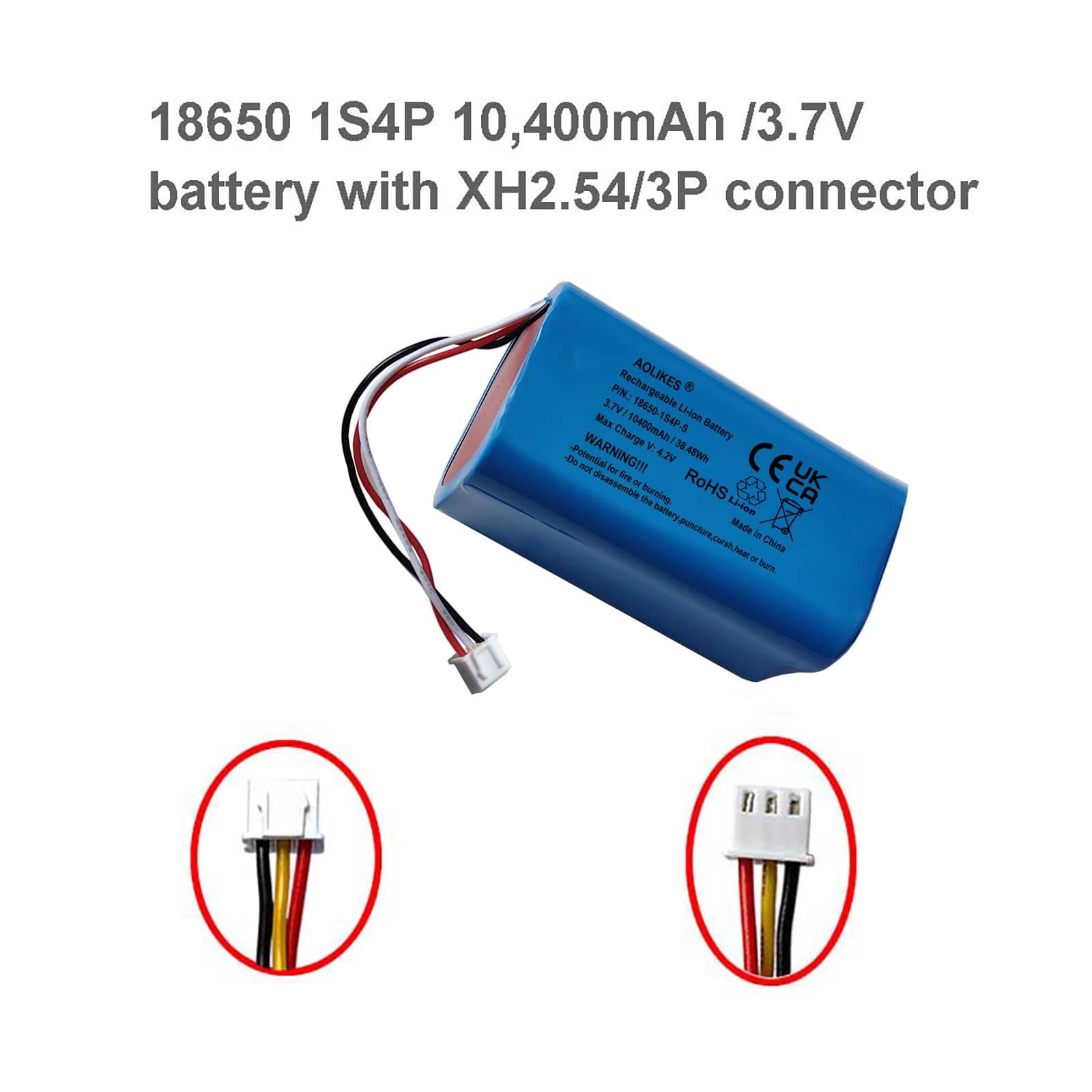 AOLIKES Batterie lithium-ion rechargeable 18650 1s3p 10400 mAh 3,7 V avec connecteur XH2,54/3P / cellules 5C / carrée / prend en charge la charge rapide