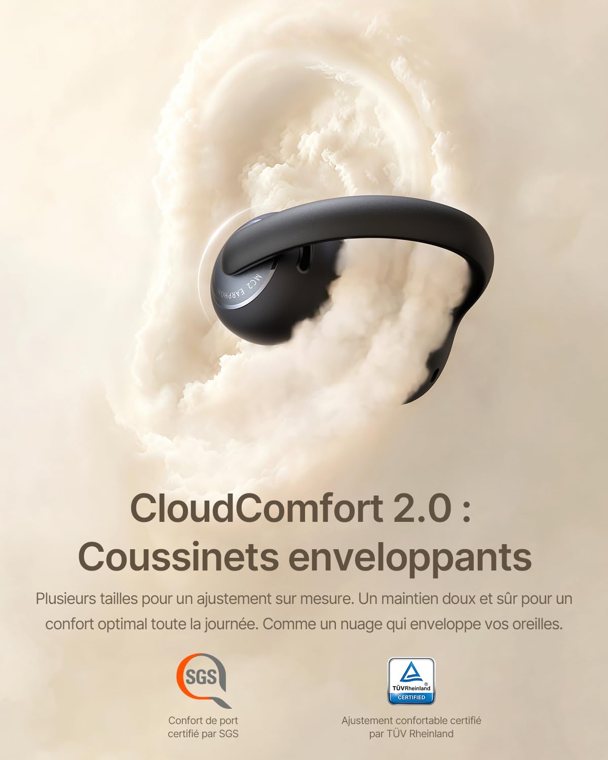 Baseus MC2 Écouteurs à Oreilles Libres, Clip-on Earbuds | CloudComfort 2.0, Hi-Res Audio, LDAC, SuperBass 3.0, Bluetooth 6.0, 4 Micros avec IA, 55 h d'autonomie, IP67, légers 5,1 g