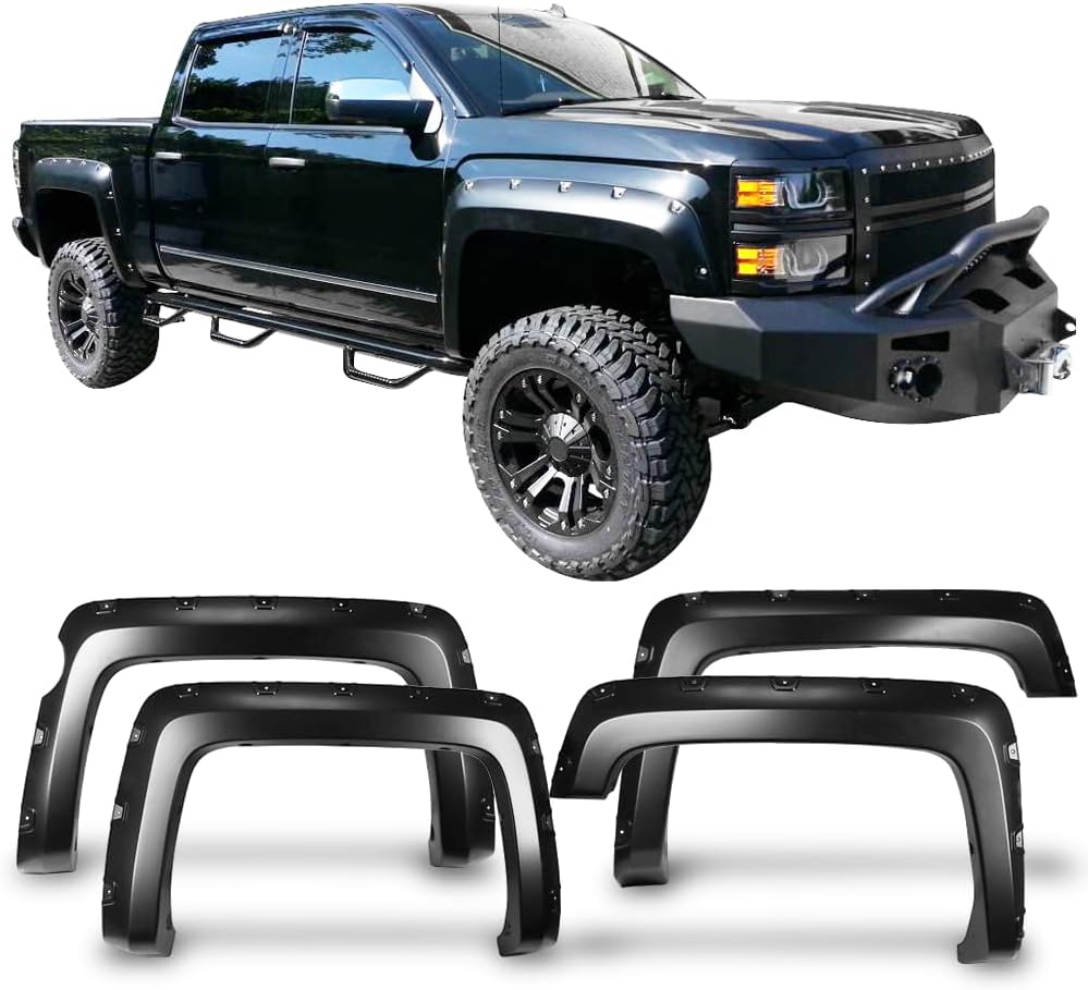 IKON MOTORSPORTS Fender Flares Compatible With 2014-2018 Chevy Silverado 1500 Short Bed Model, Pocket Rivet Style Matte Black Finish PP Front Rear Right Left Wheel Cover Protector Vent Trim
