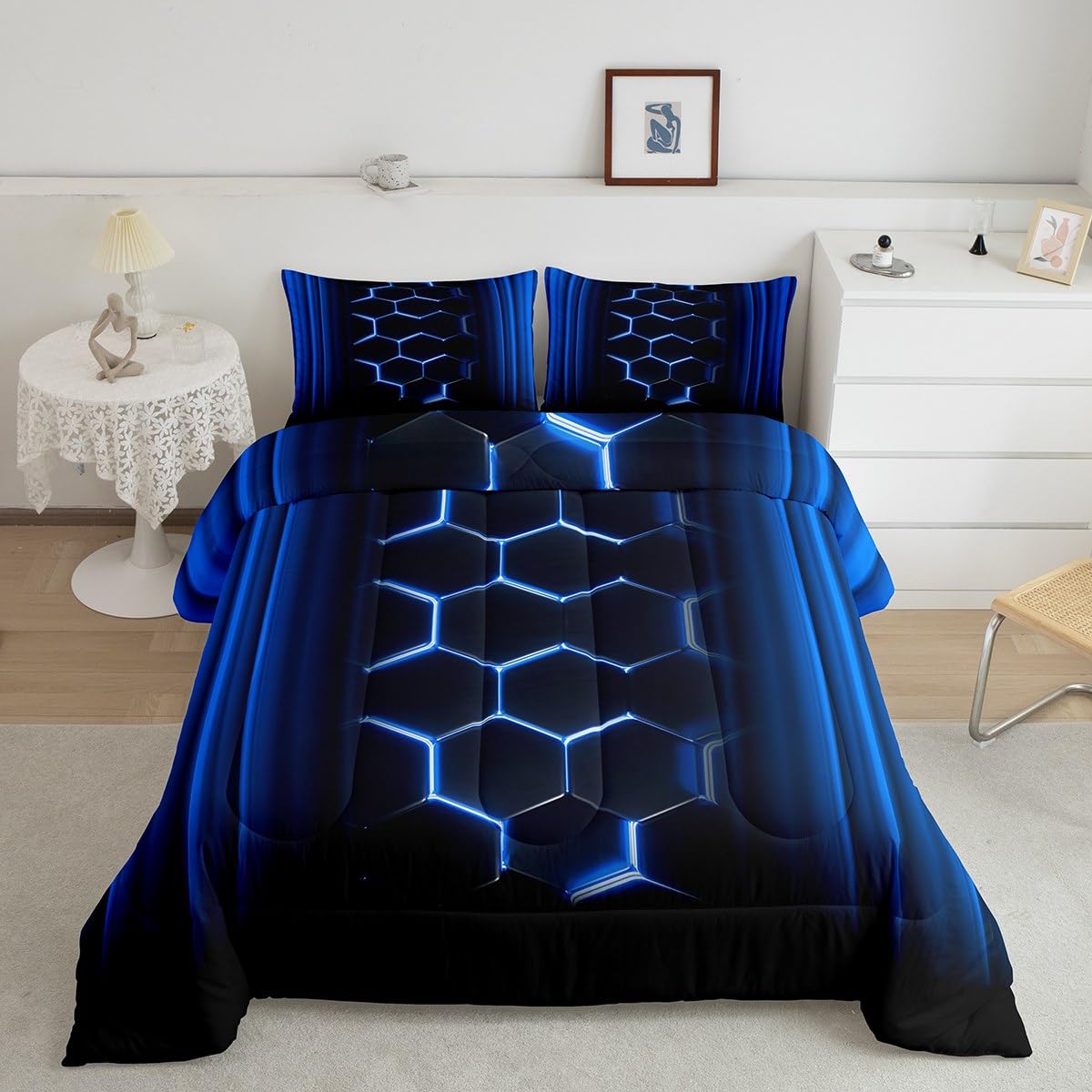 Abstract Ombre Comforter Set Twin Size Honeycomb Bedding Set Decor Blue and Black Geometric Comforter Room Decor Modern Fashion Quilt Set 2Pcs with 1