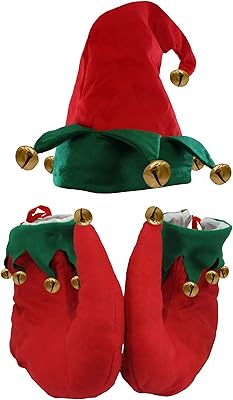 Unisex Adult Red and Green Elf Hat & Shoes Jingle Bells Holiday Costume Set