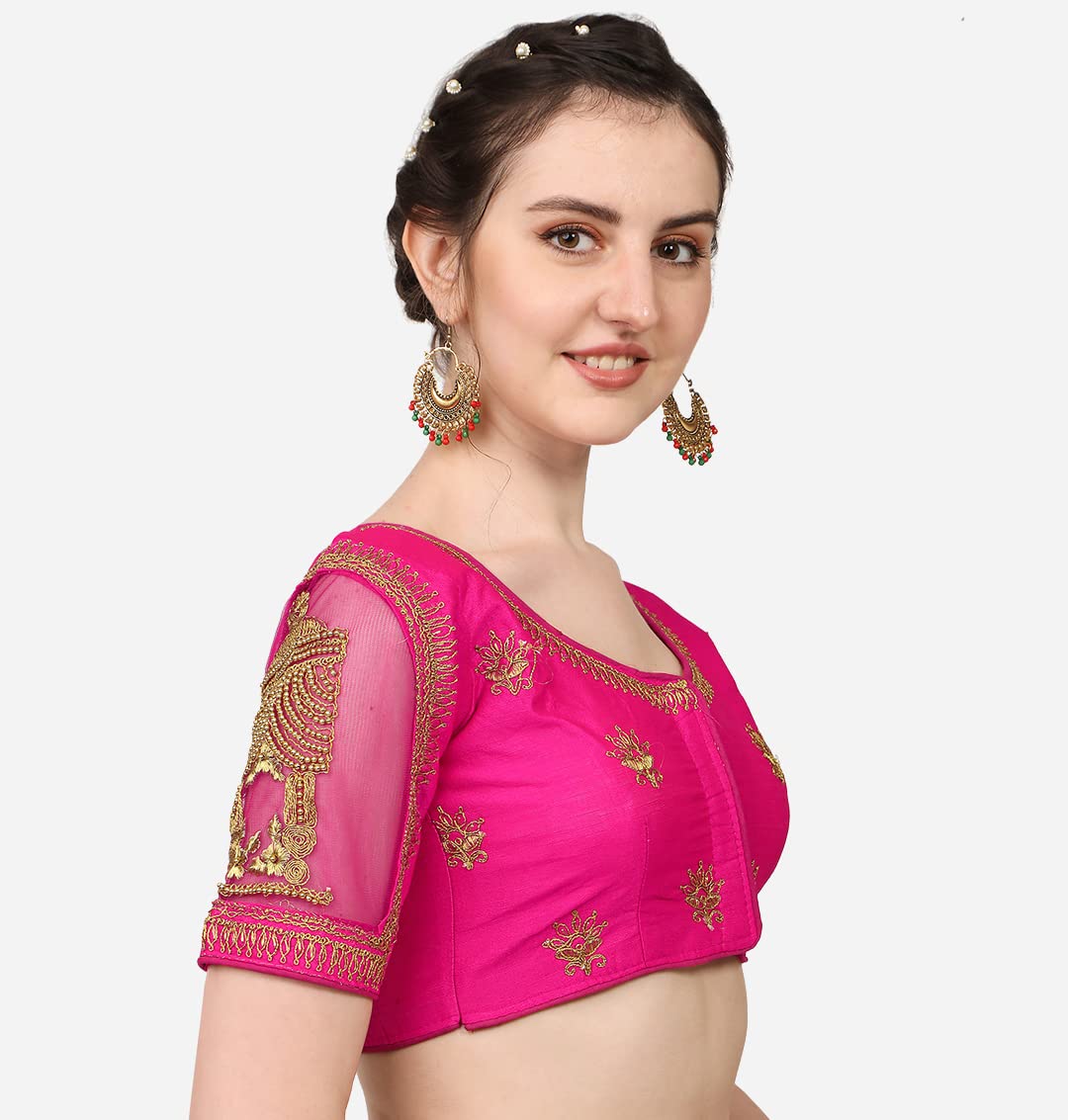 Pujia Mills Women's Multicolor Temple Embroidery Net Back Sequence Khatli Work Sleeves Design Phantom Silk Readymade Saree Blouse (Temple Blouse_Pink_38 Size+Margin)
