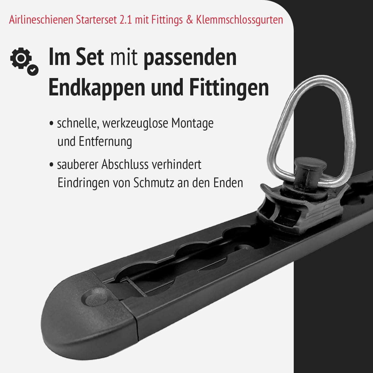 Set 2X Airlineschienen 1.0 m, 4X Endkappen, 4 Fittinge und 4X Klemmschlossgurte, schwarz KTL-beschichtet, gebohrt, eckig, 34 x 9,6 mm | Zurrschiene für Transporter, Wohnwagen, Anhänger