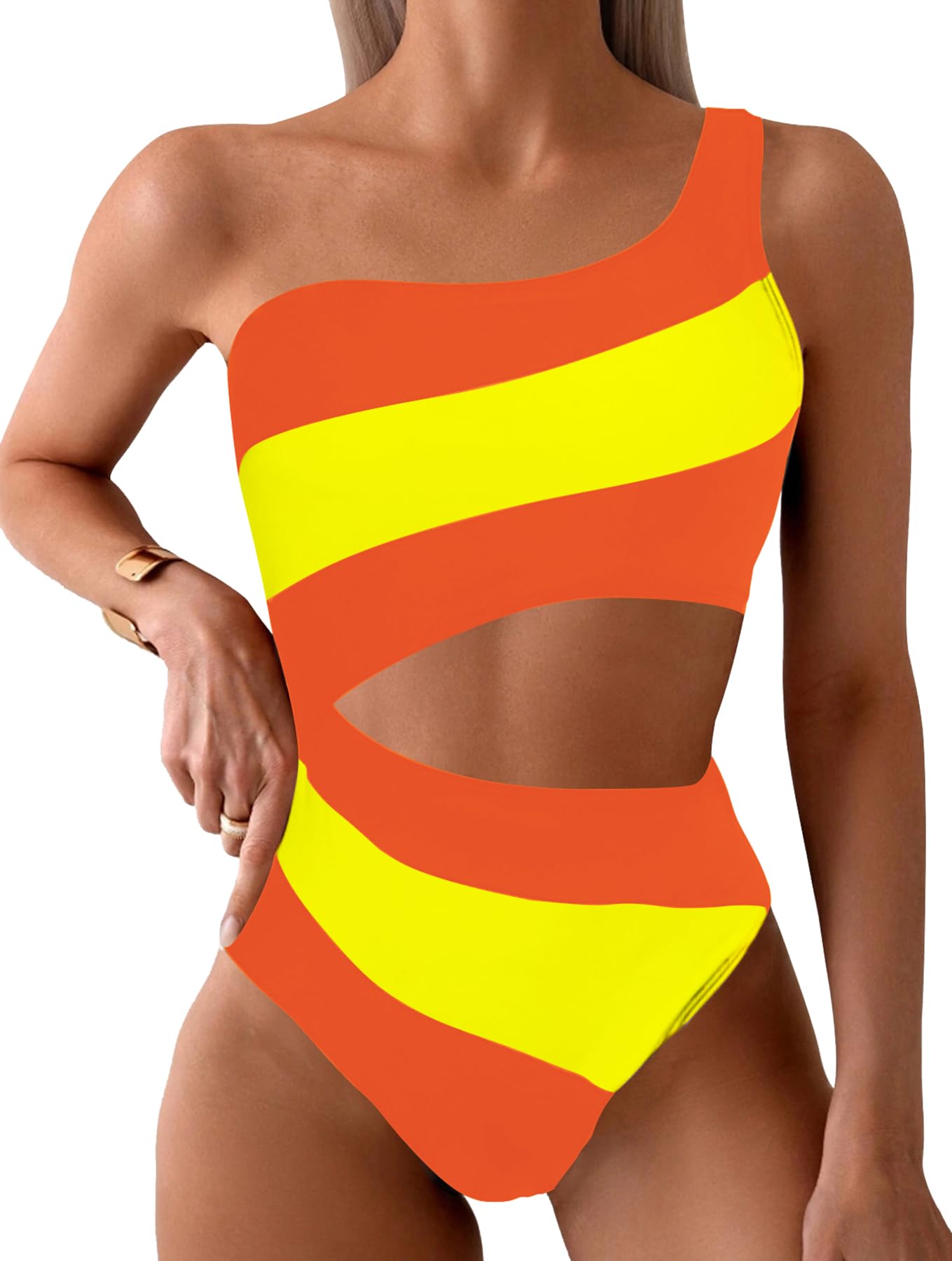 Leoparts Women's Color Block One Piece Swimsuits Monokini One Shoulder Cutout High Cut Bathing Suits Beachwear