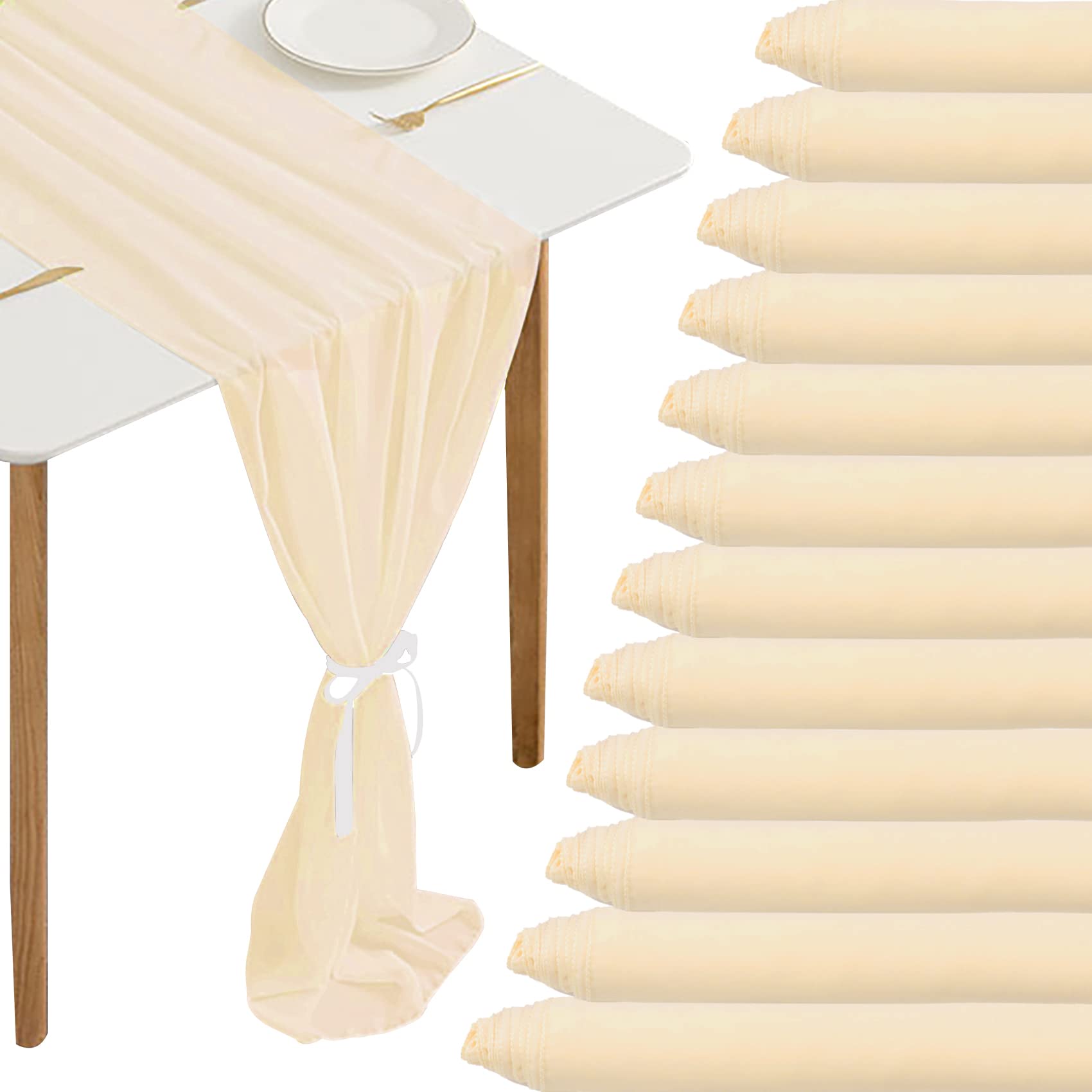 Photo 1 of 12 Packs 10Ft Chiffon Table Runner 27x120 Inches Sheer Romantic Wedding Table Runners Beige Table Runner for Wedding Birthday Party Bridal Baby Shower Table Decoration