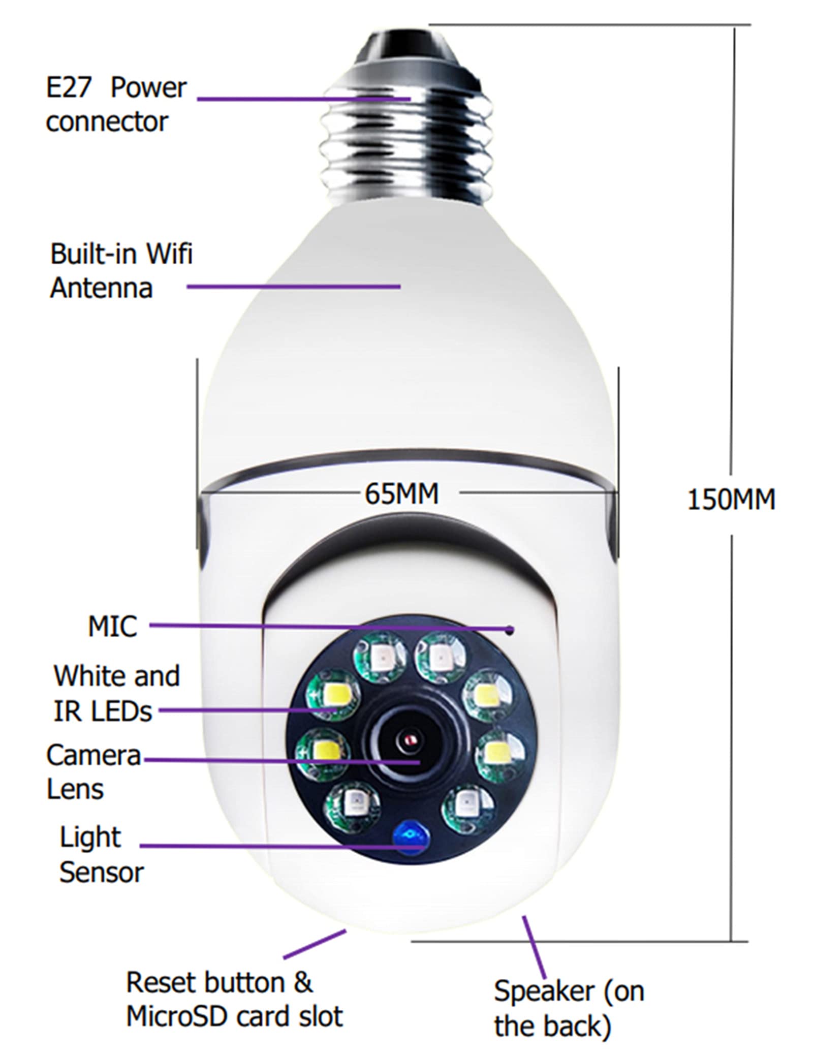 Cámara De Seguridad Para El Hogar, 3MP Full HD PTZ Wifi Cámara Mini E27 Bombilla Socket Security Vigilancia Para La Cámara CCTV De