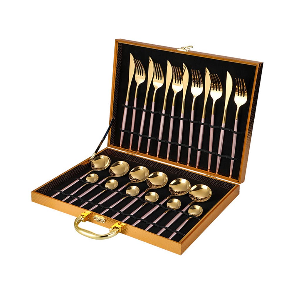 Ensemble De Couverts À Couverts en Acier Inoxydable 24 Pièces pour 6, 100% des Ustensiles en Acier Inoxydable 100% Durables avec Fourchette De Cuillère À Couteau,Pink Gold