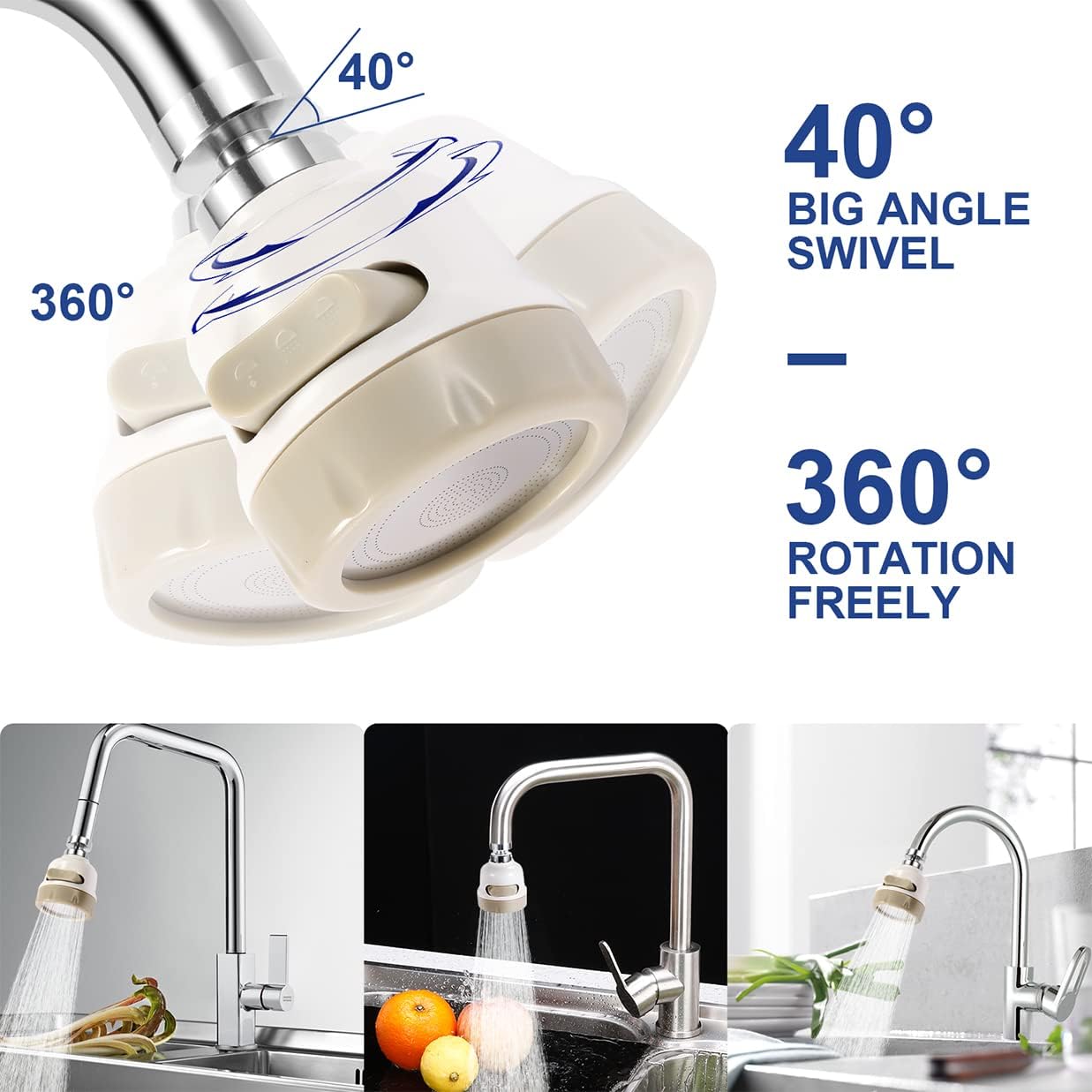 AMENER Movable Flexible Kitchen Tap Head With Filter Moveable 360 degree Rotable Swivel Water Saving Faucet Diffusser Water Purifier With M22 M24 Fitting (White)