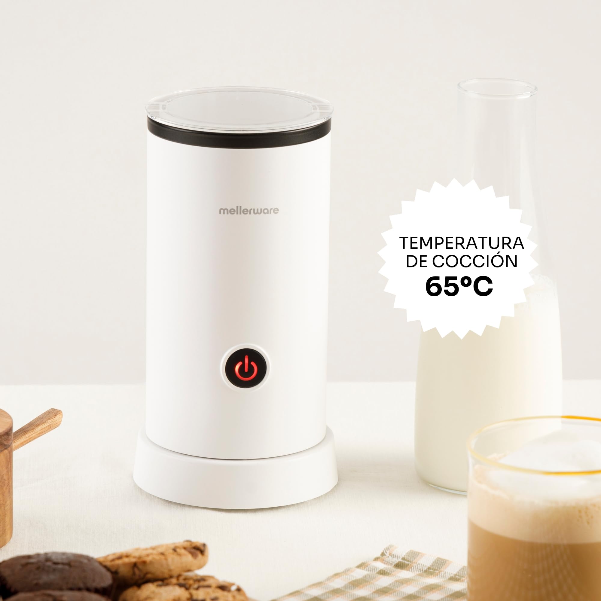 Mellerware - Espumador de Leche Frothy!600W | 250ml | 3en1 (Espuma Caliente/Fría, Calentar y Espumar) | Apagado automático | Calentador Café Latte Capuchino Chocolate | 360º | Blanco