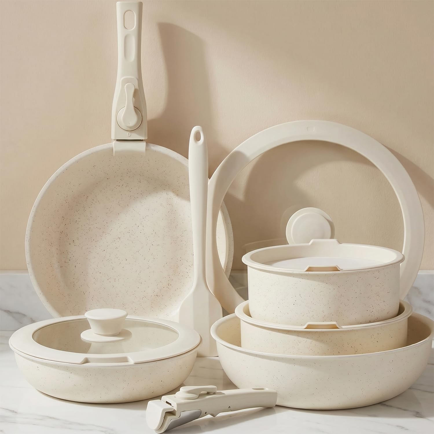 Set di pentole e padelle da 12 pezzi, antiaderenti, con manico rimovibile, stoviglie da cucina per le vostre esigenze domestiche, colore beige