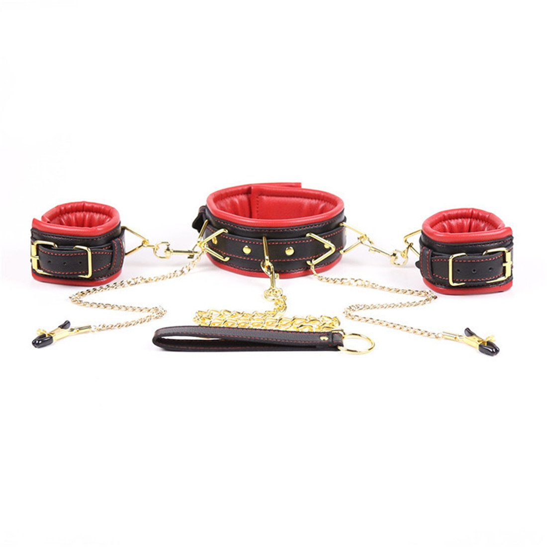 Collar de piel con grilletes para las manos, pinzas para los pezones, set de ataduras