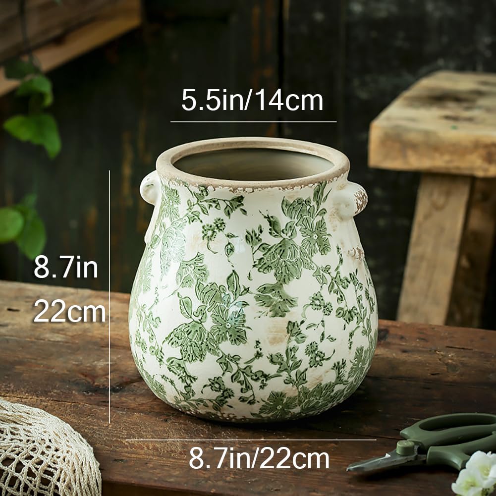 Große grüne keramische Töpfe für Pflanzen, Vintage-Pflanztopf für Zimmerpflanzen, Blumentopf mit Rissglasur-Finish, rustikaler toskanischer Keramiktopf für die Gartenarbeit,M,with Hole