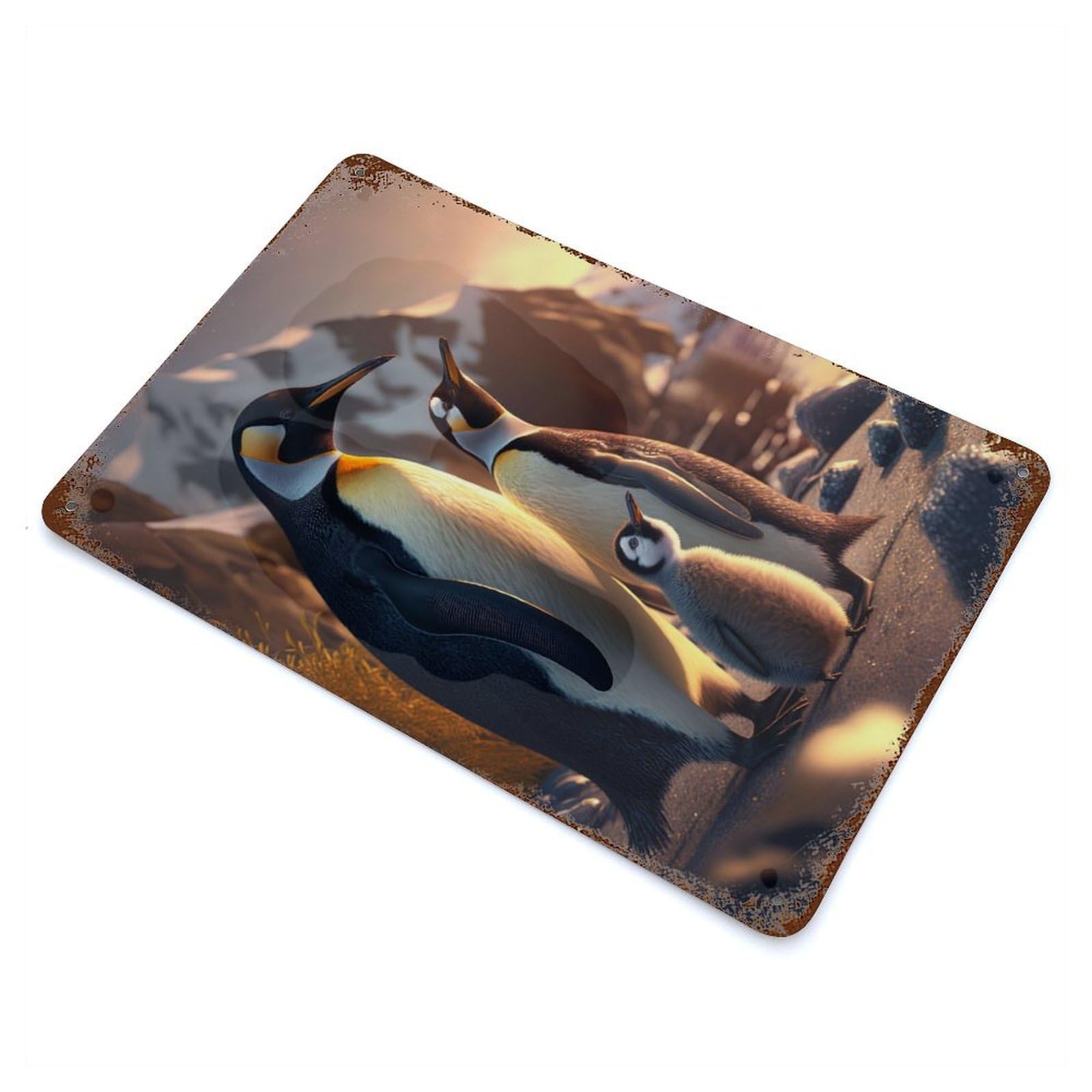 The Penguin Family Rust Effect Tin Sign 11.8"x7.9", Ideal for Cafe, Home Bar And Lounge Decor