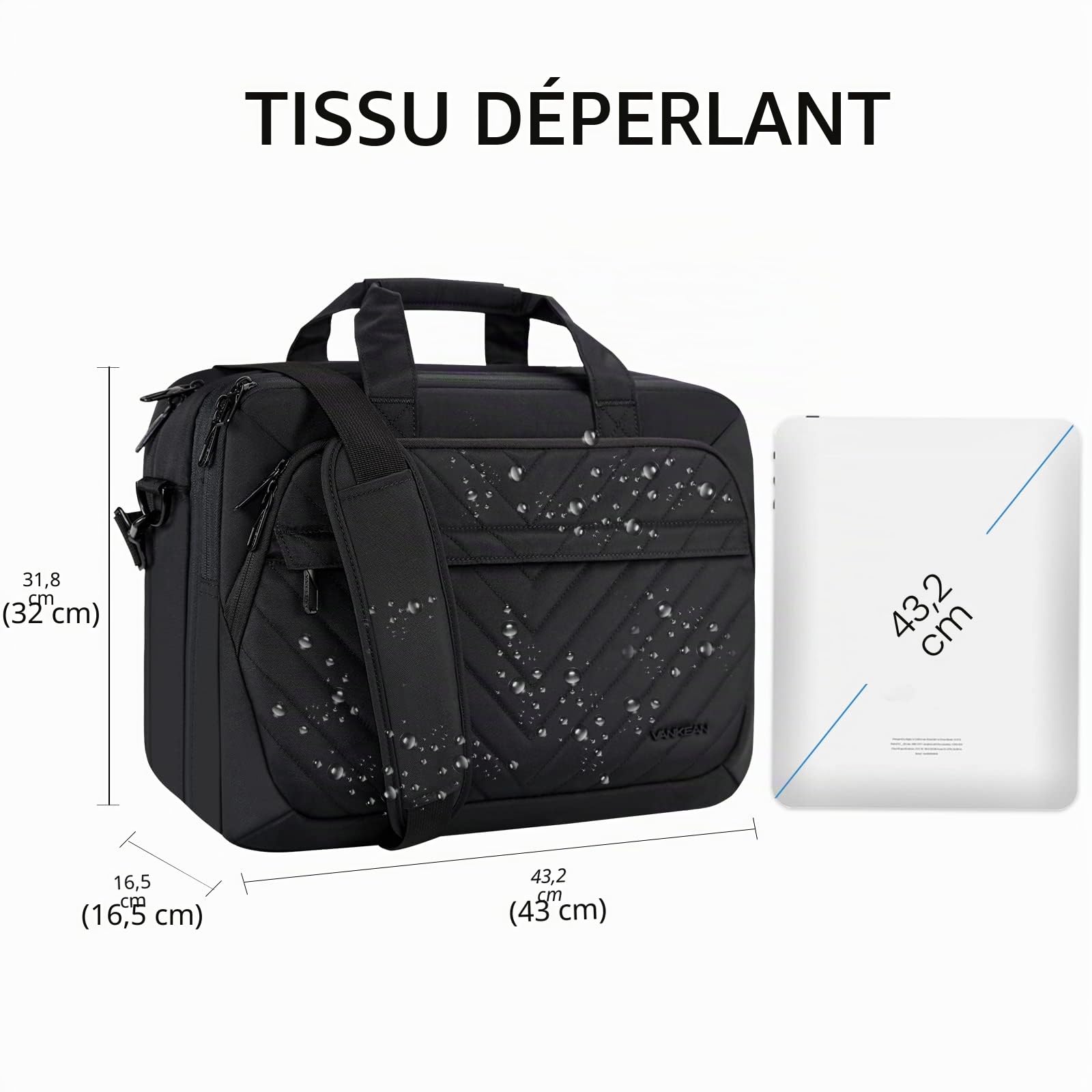 VANKEAN Sacoche pour ordinateur portable 17 Pouces, compatible TSA -extensible pour femme et homme Tendance étanche avec poche RFID bandoulière pour affaires/voyage/université - Noir