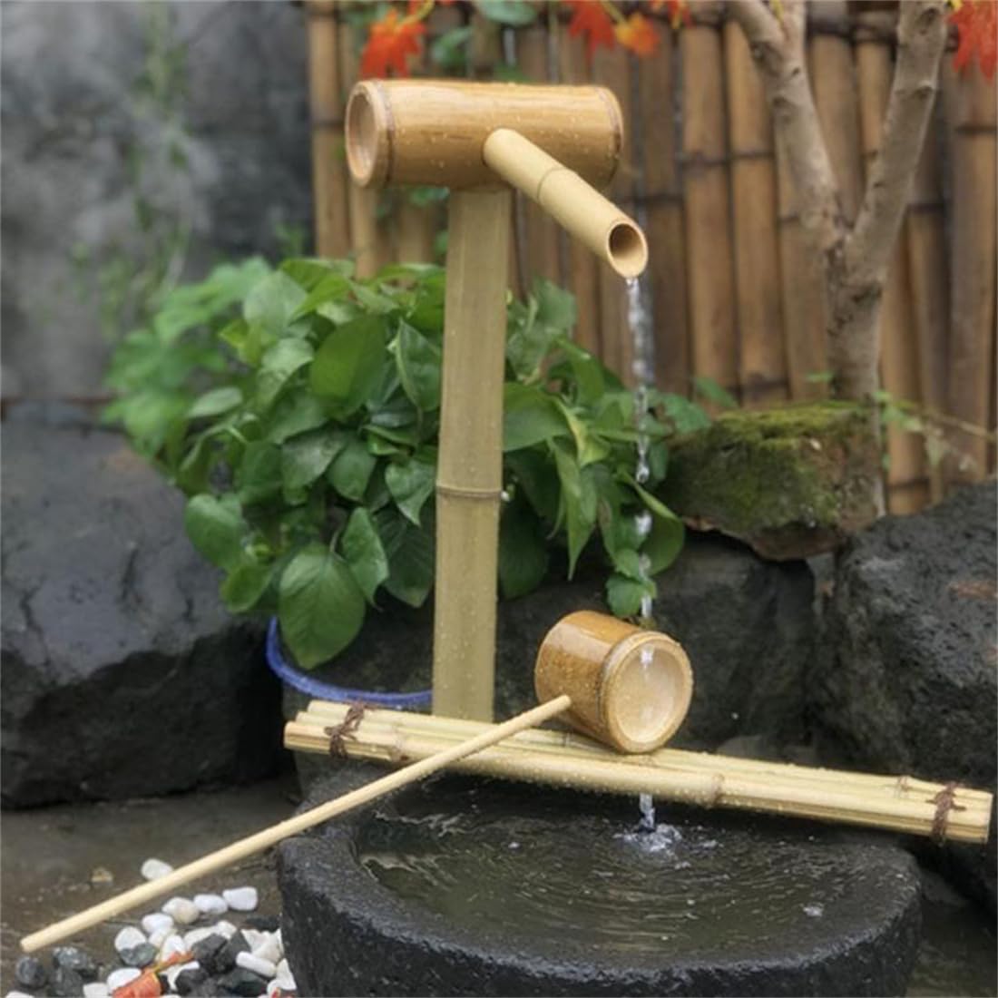 OTQEFTN Outdoor Solar Bamboo Fountain, Bamboo Accents Water Fountain & Pump & 6W Solar Panel & Water Filter & 2M Water Tube,Feng Shui Zen Fountain,for Lawn Garden Backyard,50CM