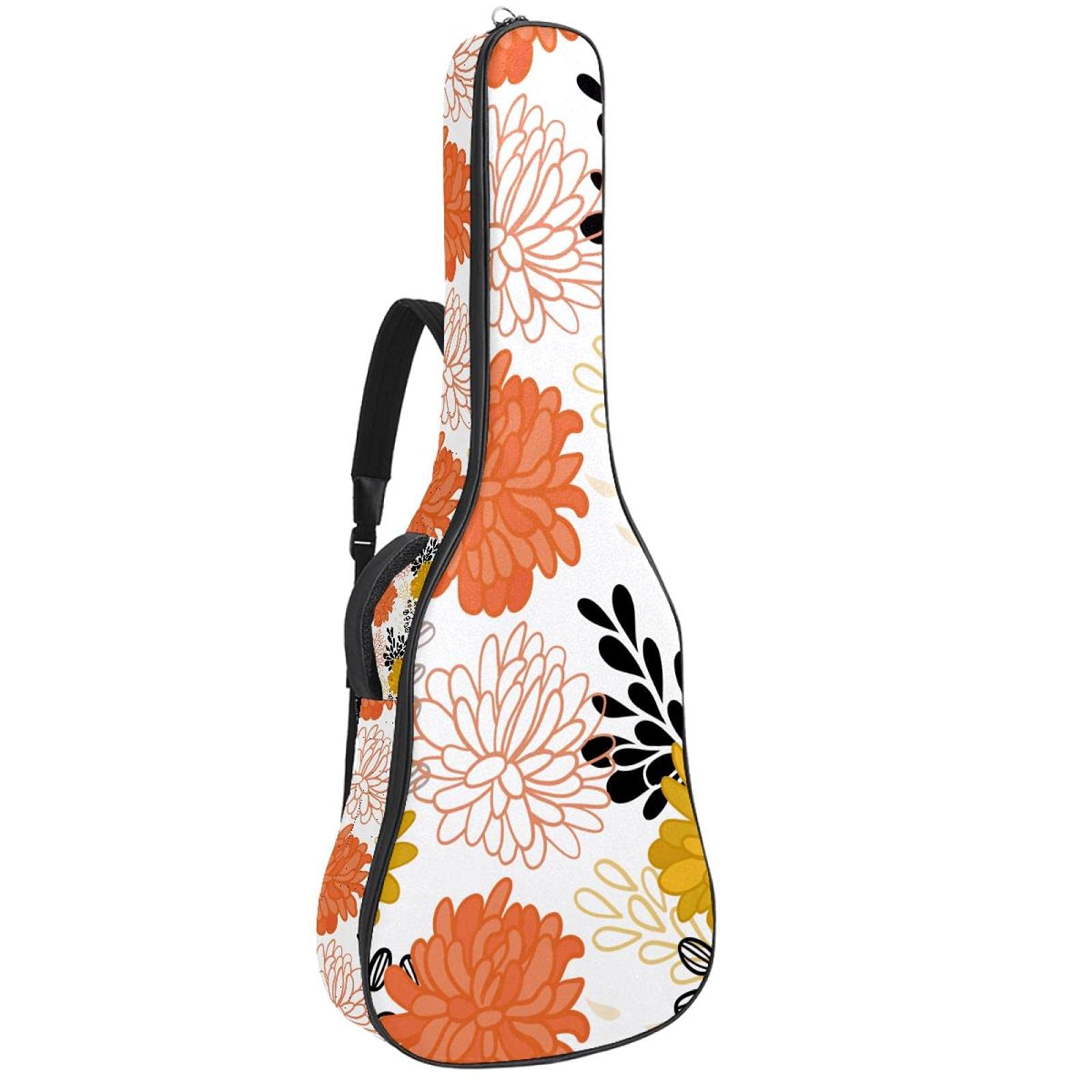 Housse de transport pour guitare avec bandoulière réglable - Pour guitare basse classique folk de moins de 106 cm - Jaune et orange - Grandes fleurs