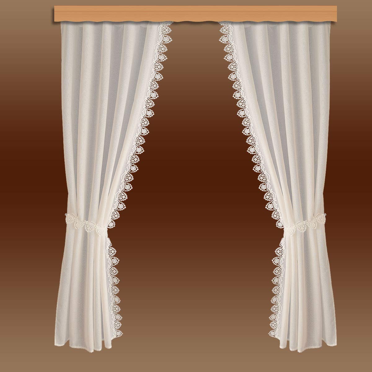 Seitenschalgarnitur Merida Vogtländische Spitze in natur | Set 4-teilig mit 2 Dekoschals und 2 Raffhaltern | Landhausgardinen mit geblümter Stickereikante | Vorhang-Set Höhe x Breite 180 x 80 cm
