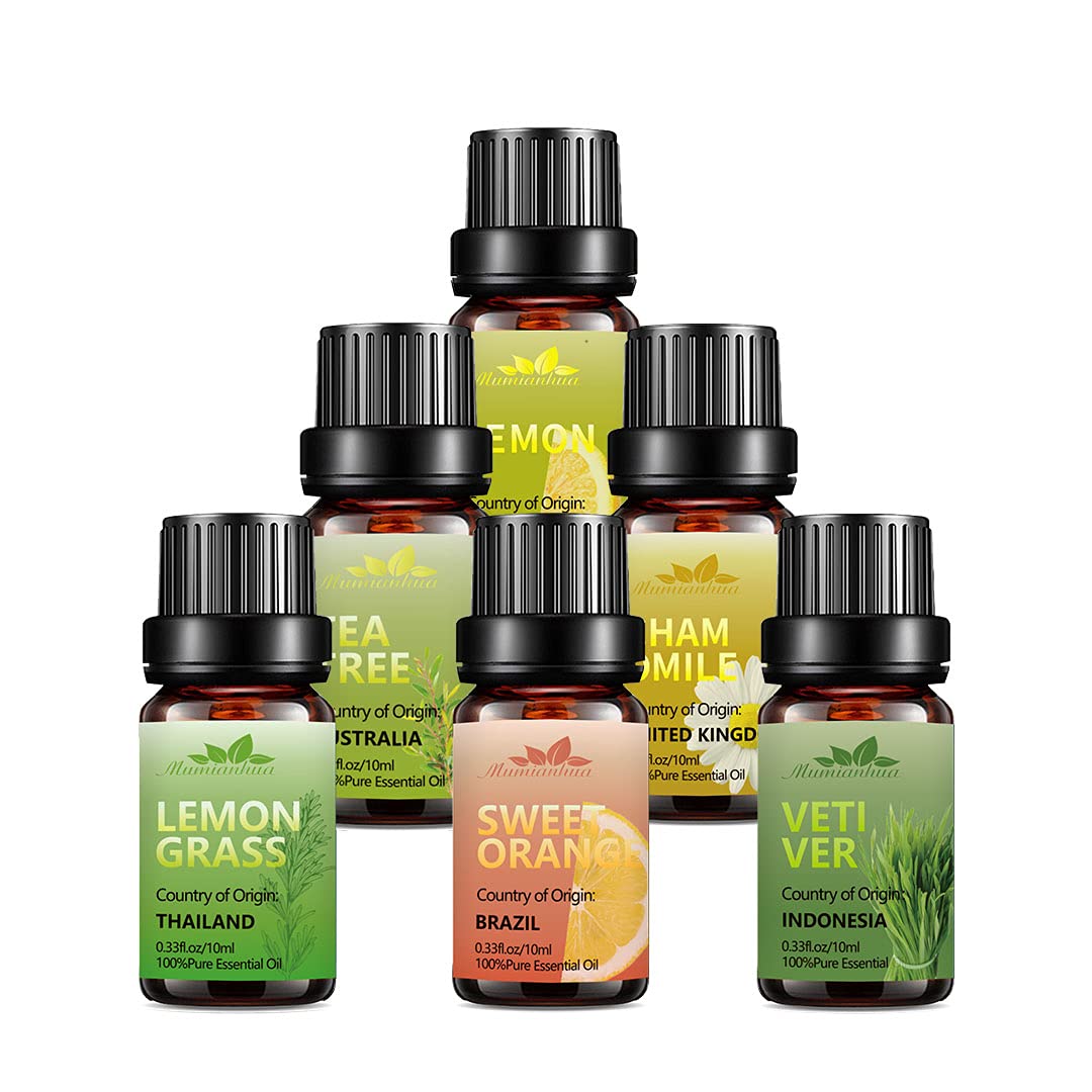 Essential Oils Set for Diffuser Aromatherapy Essential Oil Kit 100% Pure 6x10ml Fragrance Oil Set for Hair,Skin(Tea Tree,Lemongrass,Orange,Vetiver Essential Oil,Chamomile Essential Oil,Lemon)