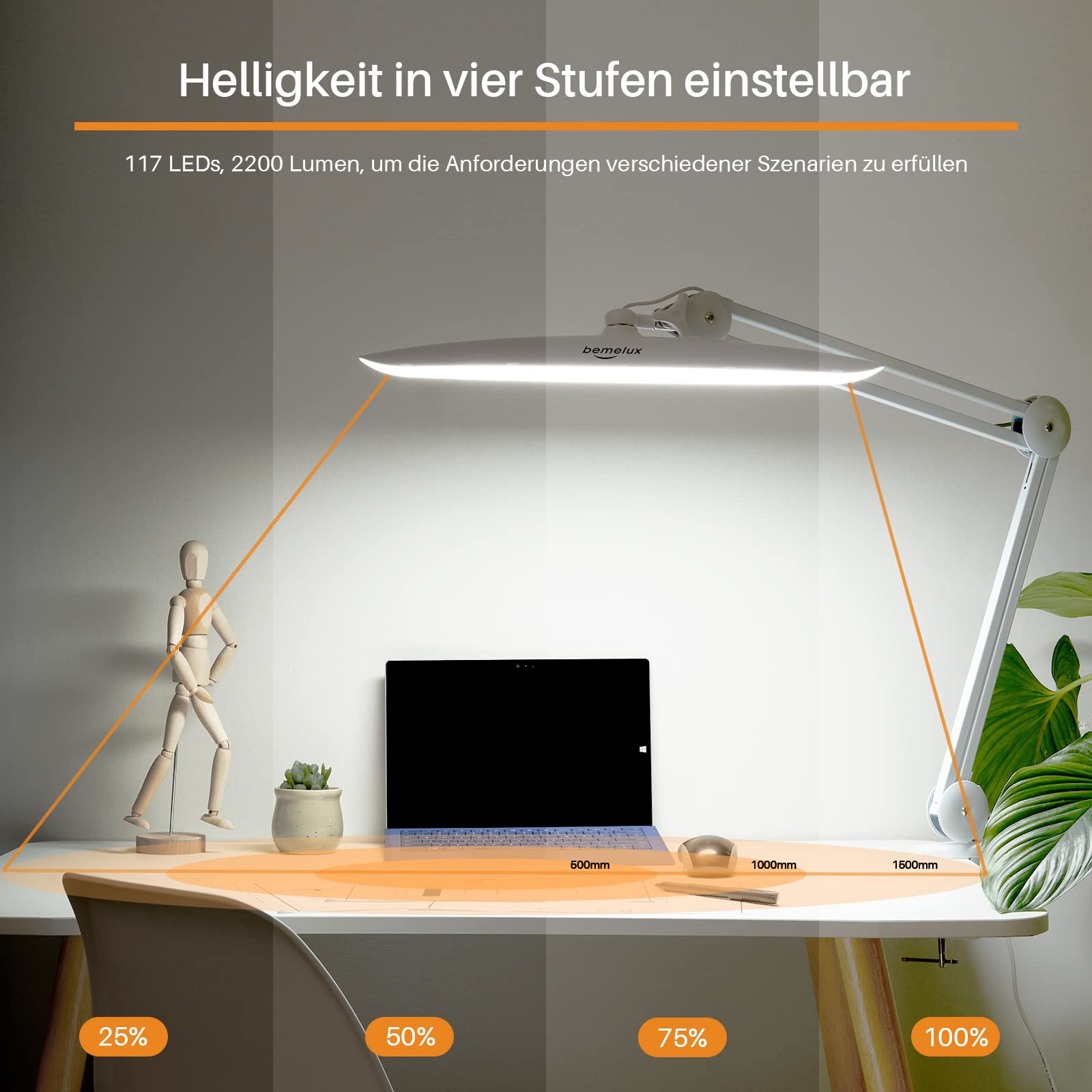 Lampada da scrivania a LED da 24 W, con morsetto, 2200 lumen, super luminosa, 4 livelli di luminosità dimmerabili, larghezza 50 cm, 117 LED SMD, grande lampada girevole per ufficio, casa