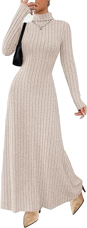 MITILLY Women Long Sleeve Maxi Dress 2025 Fall Winter Casual Turtle Neck Ribbed Knit Bodycon Going Out Dresses