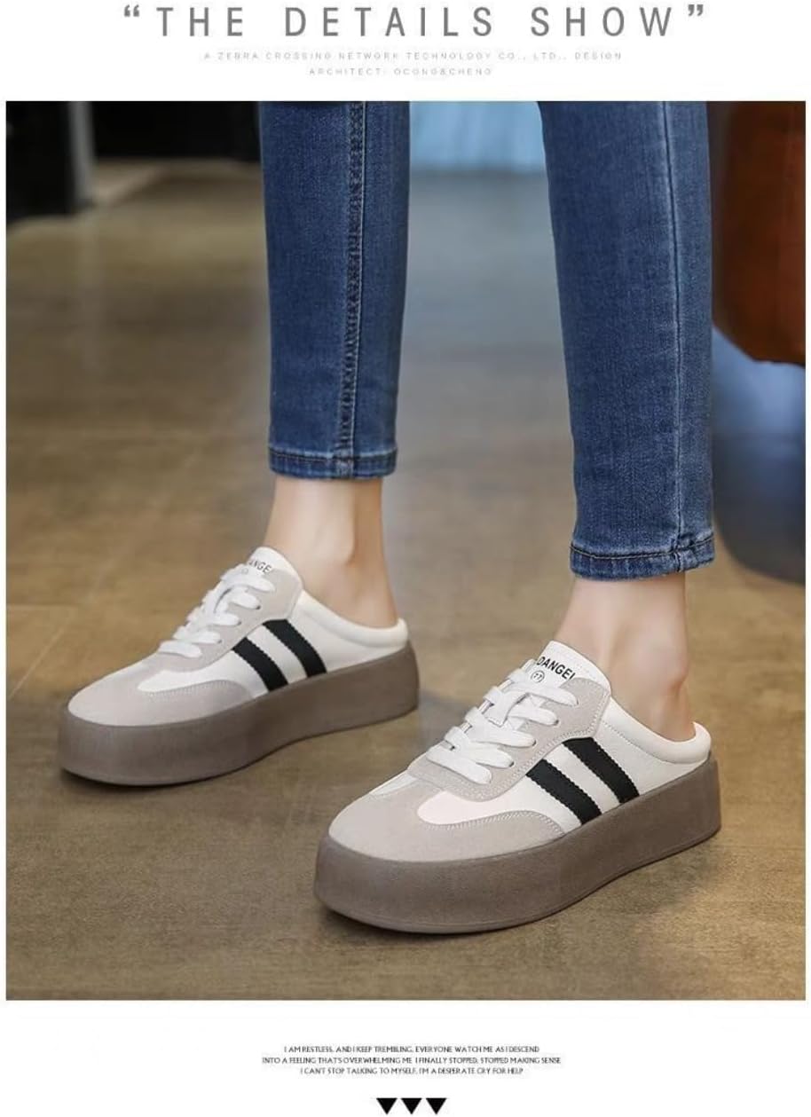 Backless Tennis Shoes for Women Wide Mule Sneakers Slip on Backless Sneakers Platform Canvas Mules Non Slip Chunky Thick Sole Lace Up Breathable Mesh Casual Walking Slides Lightweight Round Toe Girl - Image 5